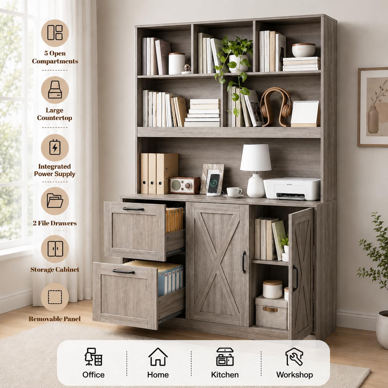 NORTHSKY 72" Tall Bookshelf with Drawers & Doors, Bookcase with Power Outlet and File Cabinet, Office Bookshelf with 2 File Drawers, Open Shelves & Storage Cabinets for Home Office, Greige