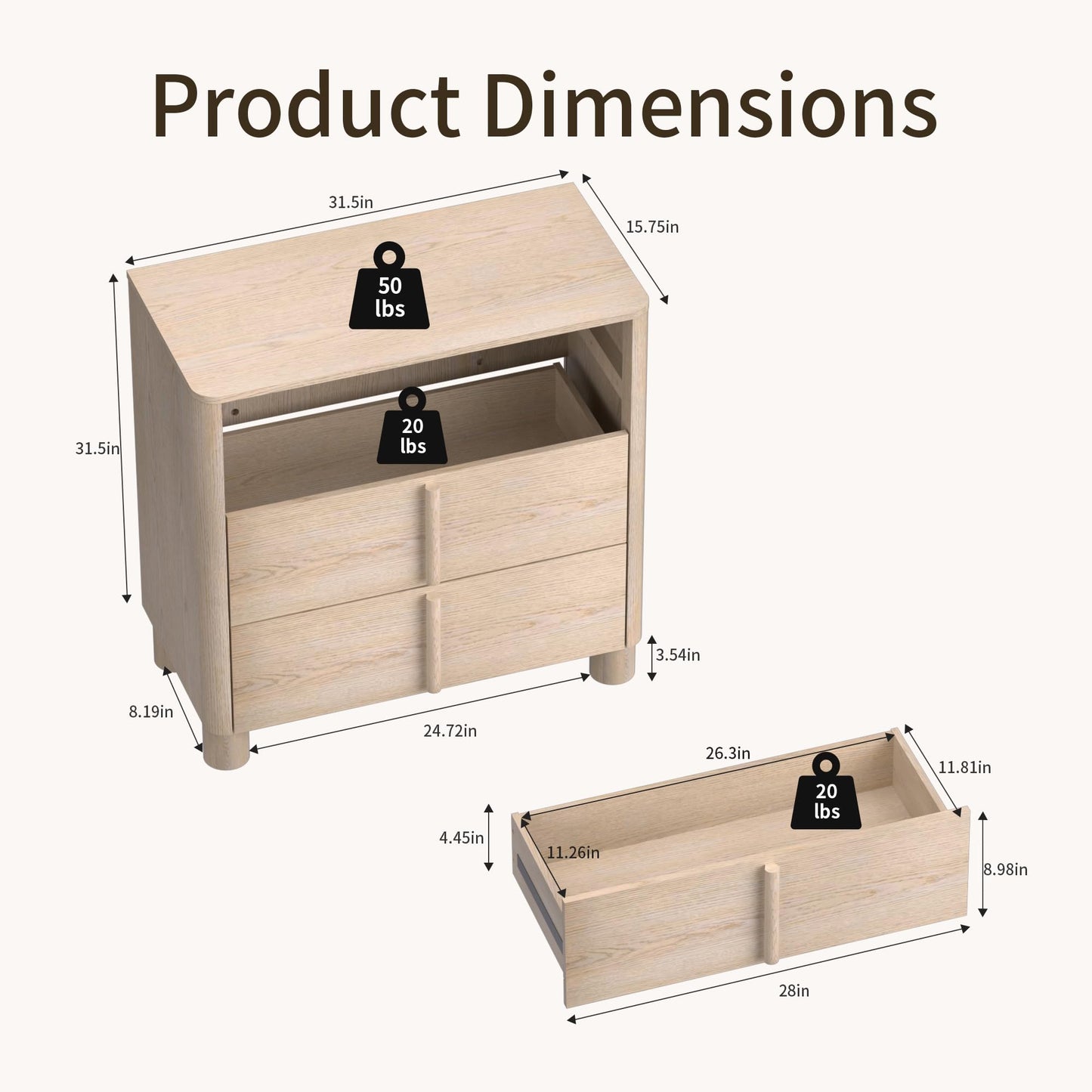 Hotmeily 31.5" Wide 3 Drawer Nightstand, Wood Grain Chest of Drawers, Large Bedside Storage Cabinet with Drawers for Bedroom, Curved Design with Rounded Wood Handles,Natural Wood