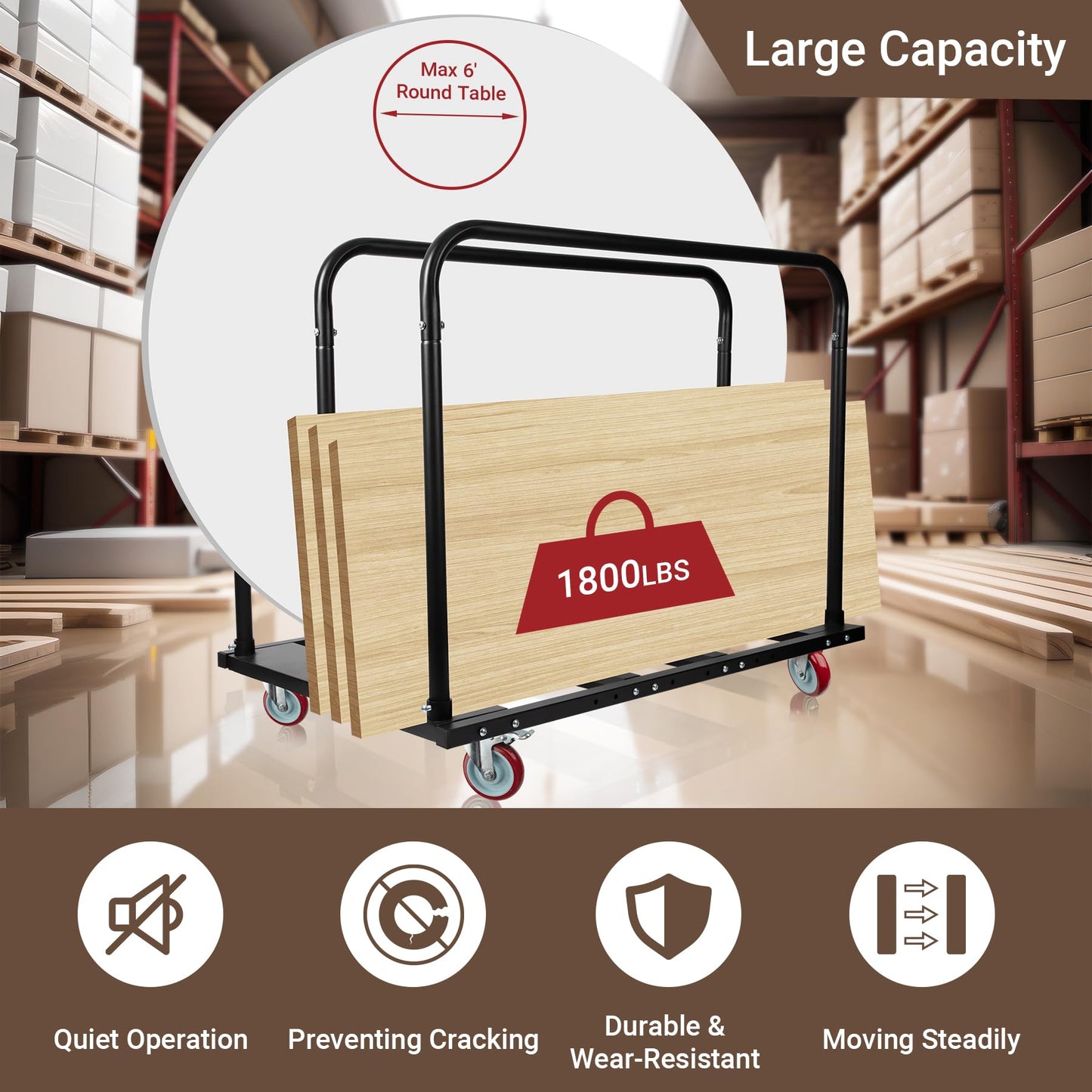 Eastrexon Folding Table Cart, Heavy Duty Table Dolly w/ 5" PU Swivel Wheels, Drywall Dolly Cart w/ 1800 LBS & 10 Table Capacity for Party Events, Hotel, Factory, Warehouse, (45.6" L x 29" W x 39" H)