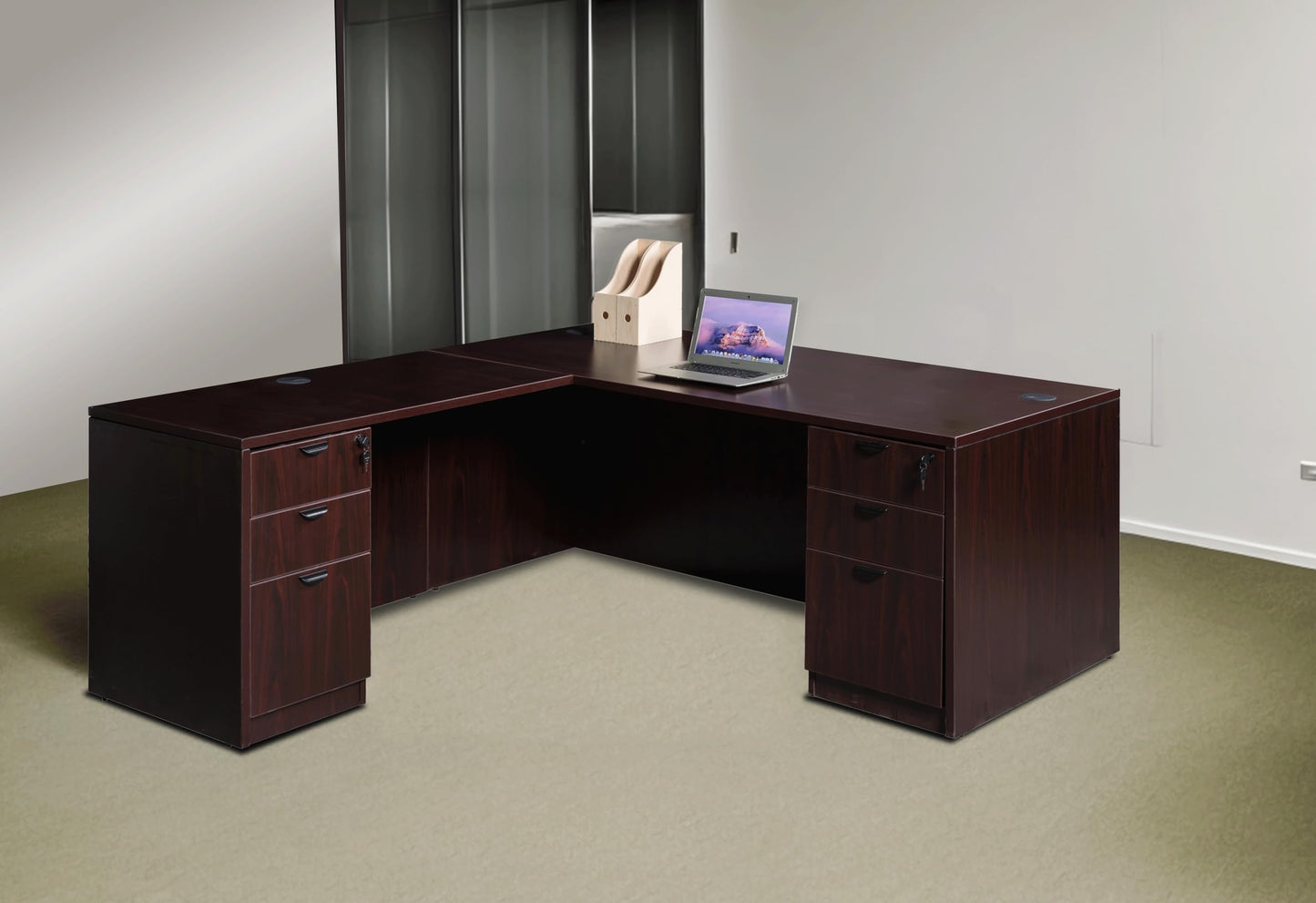 Boss Office Products Holland 71" Executive L-Shape Corner Desk with Dual File Storage Pedestals, Mahogany
