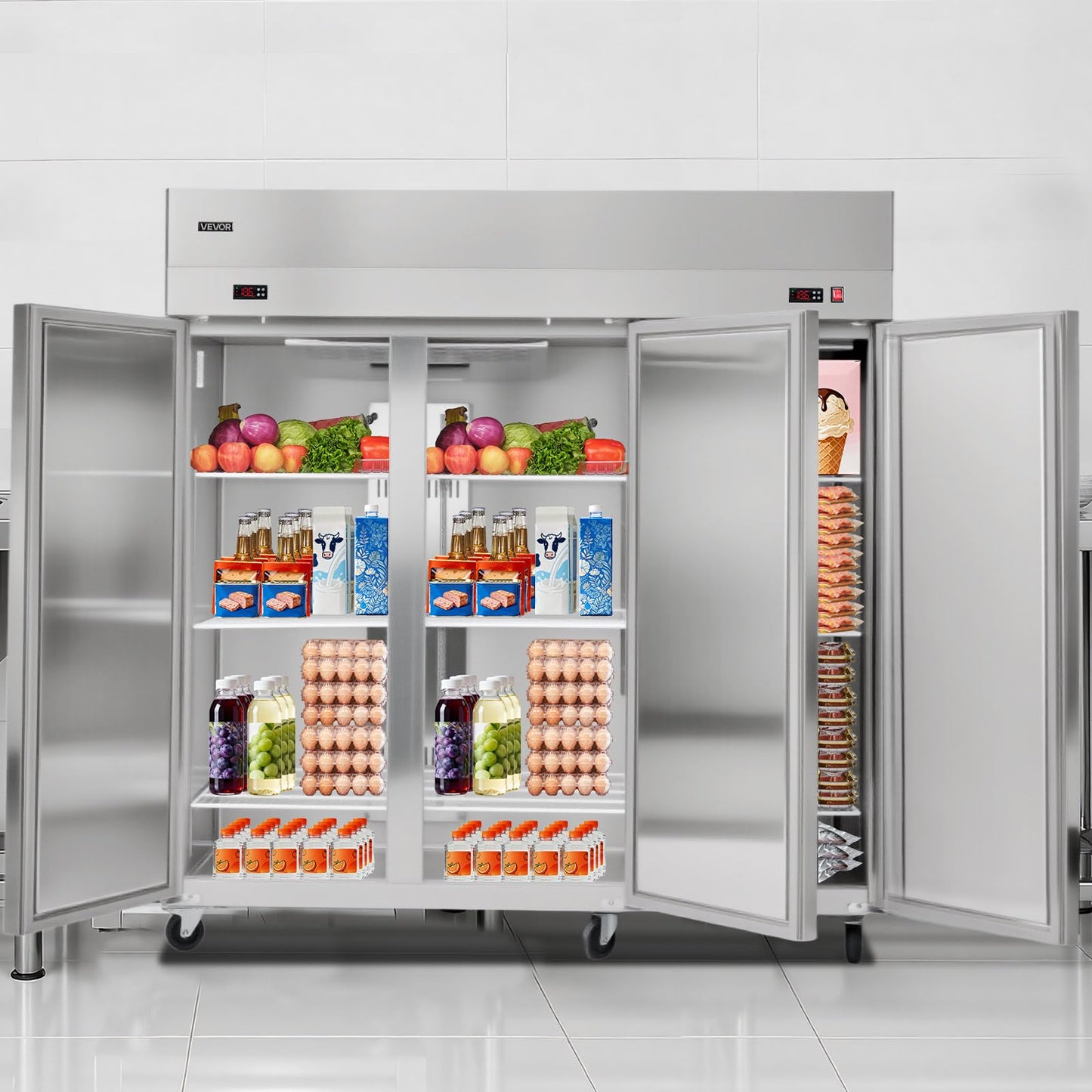 VEVOR Commercial Refrigerator and Freezer Combo 72"W, 51 Cu.Ft Stainless Steel Upright Freezer/Refrigerator with Three Doors, Auto-Defrost, 9 Adjustable Shelves, UL Certified