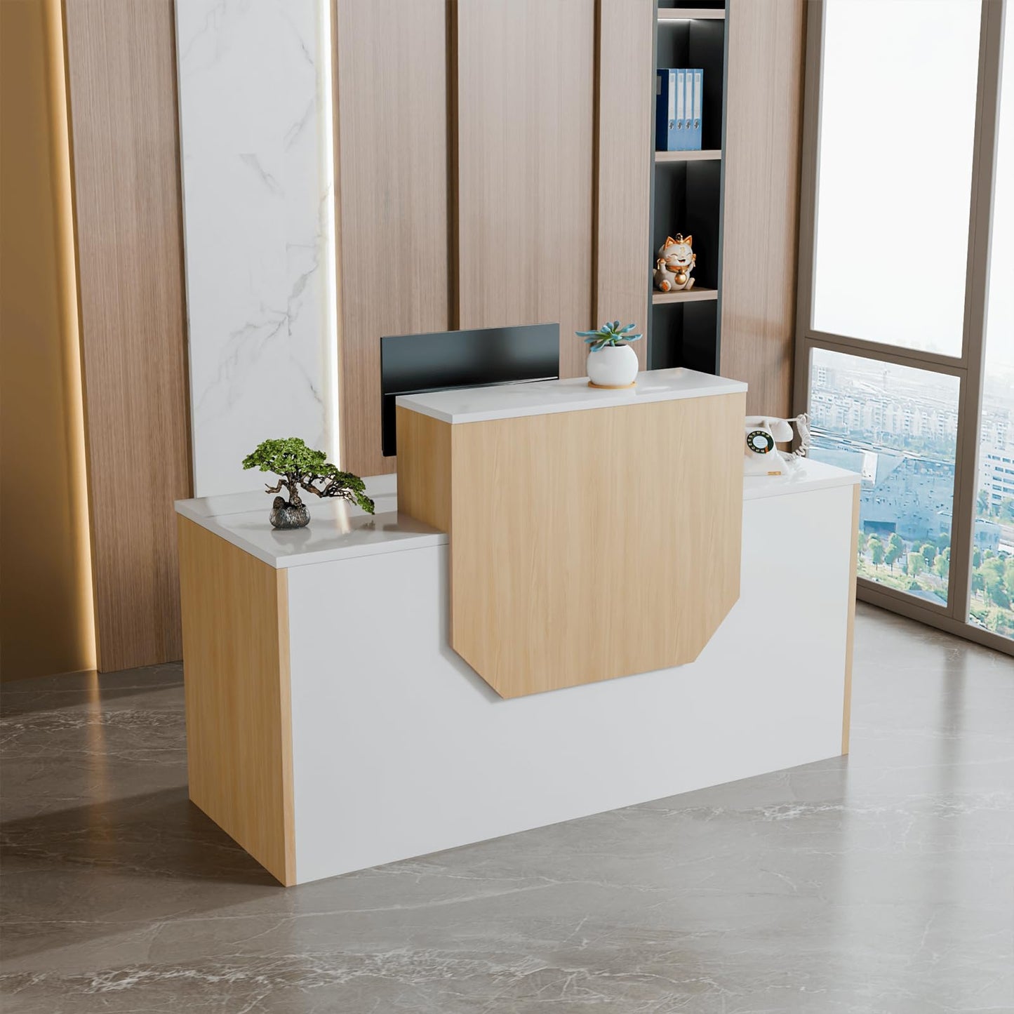 Reception Desk with Counter, Modern Office Front Desk with Open Storage Shelves, 63" Retail Counter Table with Cable Grommet for Checkout, Hotel Lobby, Beauty Salon, Home Offices, Retail Store