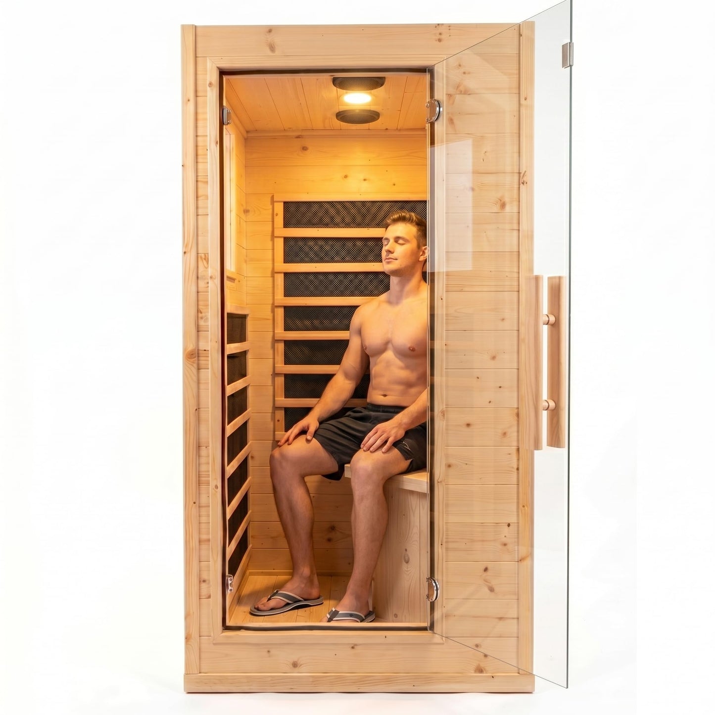 1-Person Indoor Far Infrared Sauna - Canadian Hemlock, 5 Heat Panels, 7-Color Lights, Bluetooth, Oxygen Bar, 110V/1200W, Snap Buckle Easy Assembly, 104-140°F, Ideal Wellness Gift for Home Spa