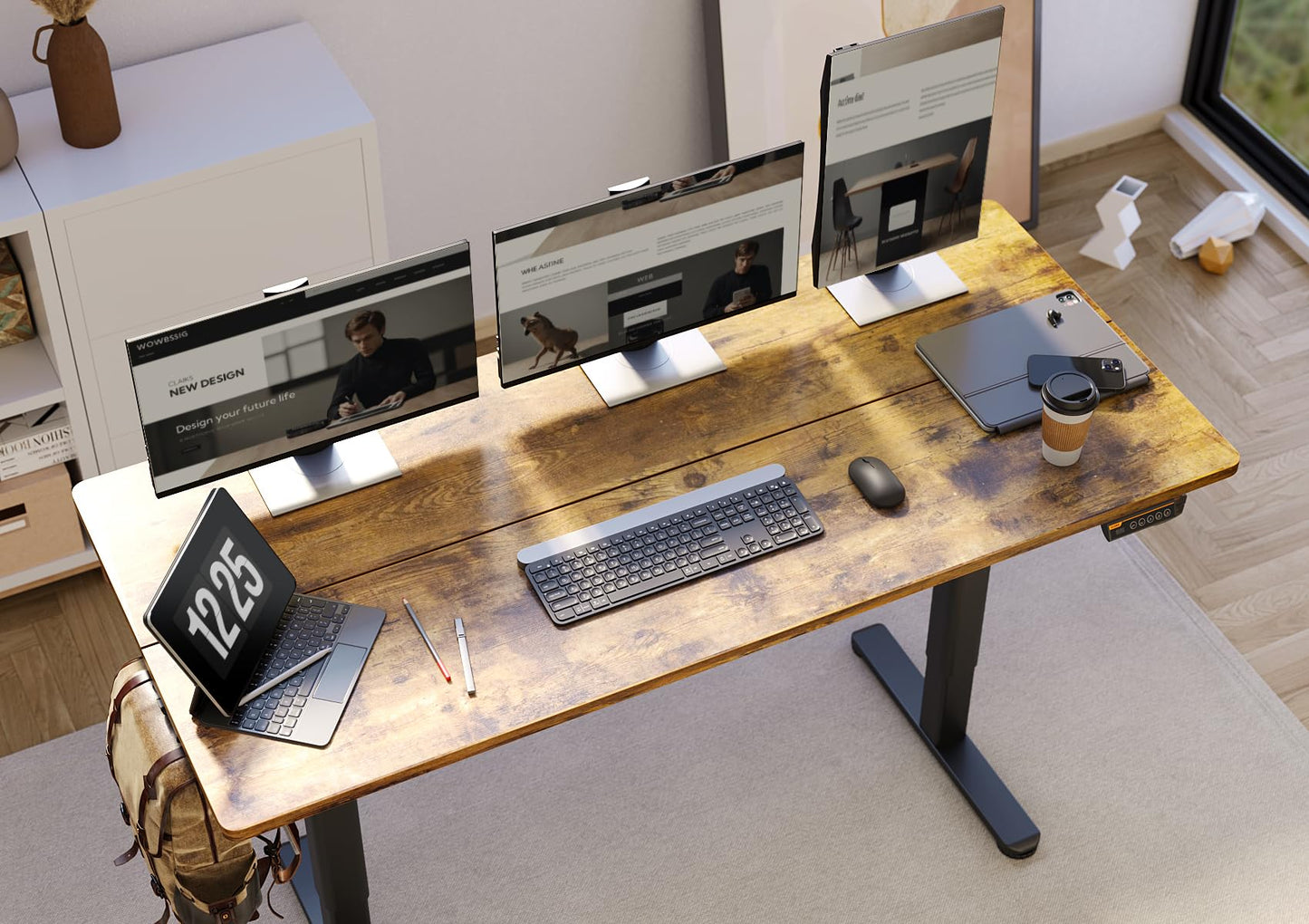 Claiks Electric Standing Desk, Adjustable Height Stand up Desk, 55x24 Inches Sit Stand Home Office Desk with Splice Board, Black Frame/Rustic Brown Top