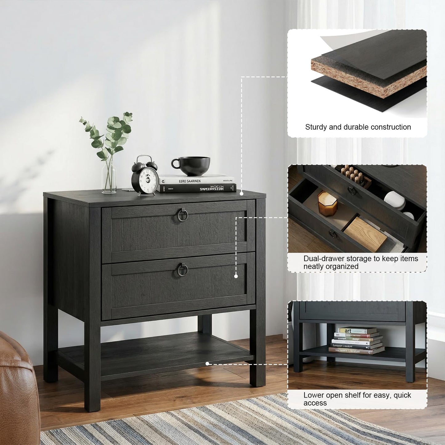 Chyanmoo Nightstand with Charging Station, 2-Drawer Wooden Side Table, Farmhouse Bedside Cabinet with USB Ports & AC Outlets, Solid Wood Grain End Table for Bedroom, Living Room, Office (2 pcs)
