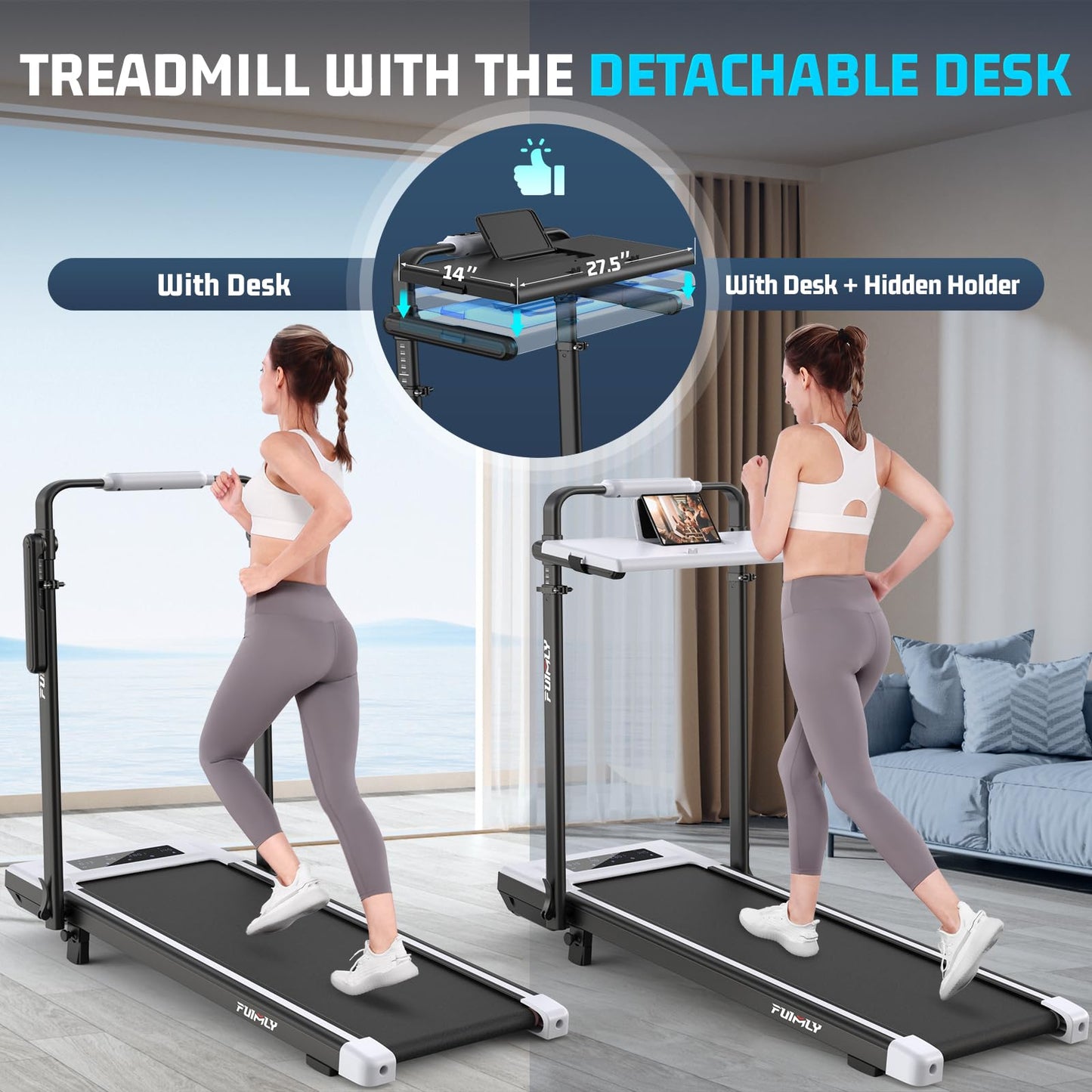 Walking Pad Treadmill with Removable Desk Workstation, 15% Incline Treadmill with Handle Bar, Foldable Treadmills Under Desk, Adjustable Height, 400 lbs+ Capacity, Walking or Running for Home Office