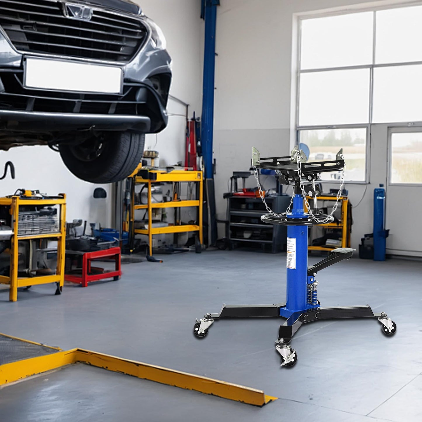 1322 LBS Transmission Jack High Lift 2-Stage Hydraulic Telescopic Stand, 33.5"-69" Height, Foot Pedal & 360° Swivel Wheels, Heavy Duty Transmission Lift for Car, Truck, Garage