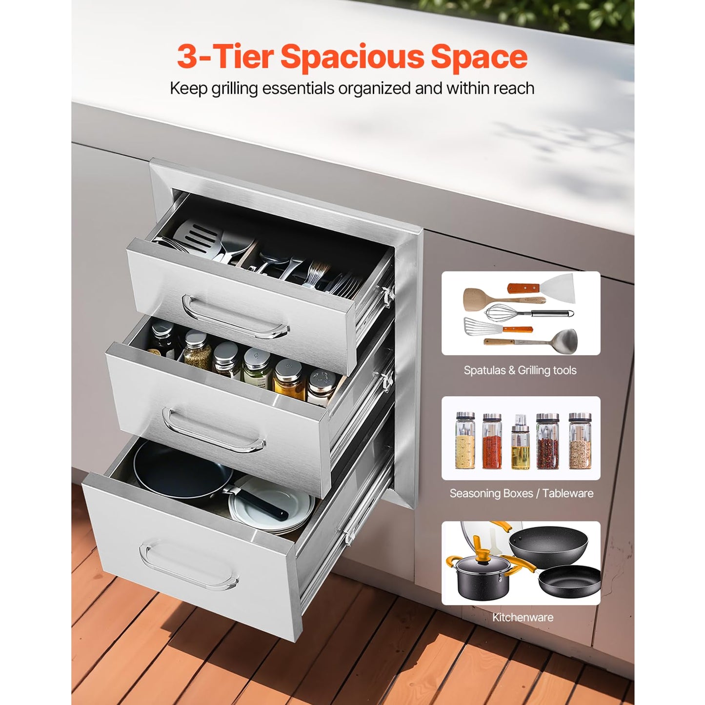 VEVOR 14x20.3 Inch Outdoor Kitchen Drawers Stainless Steel, Flush Mount Triple Drawers, 14W x 20.3H x 23D Inch, with Stainless Steel Handle, Outdoor Kitchens or BBQ Island