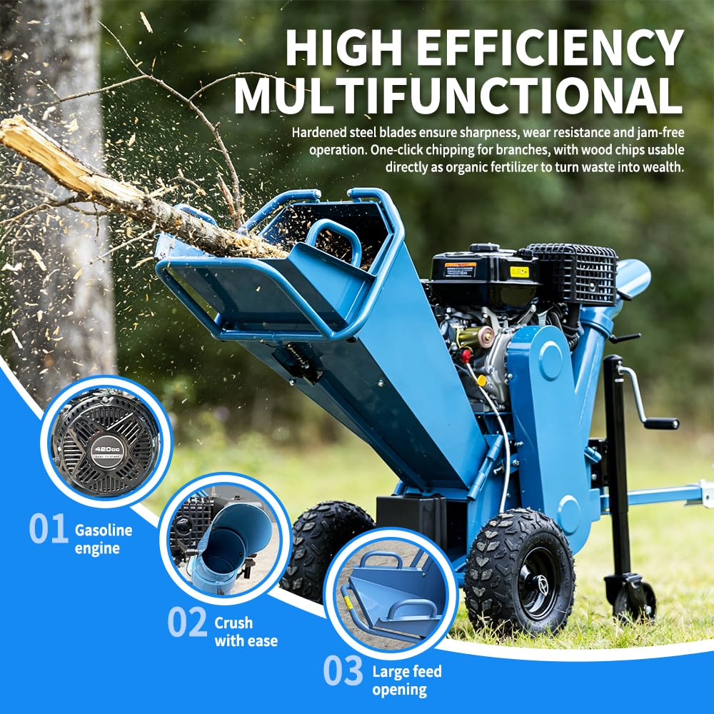 DIGMIGHT 5 Inch 15HP Gas Powered Wood Chipper Shredder Mulcher with 15HP Gas Stump Grinder, Leaf & Branch Shredder with Towbar, Emergency Stop Button, 5" Max Chipping Capacity for Wood Pellets