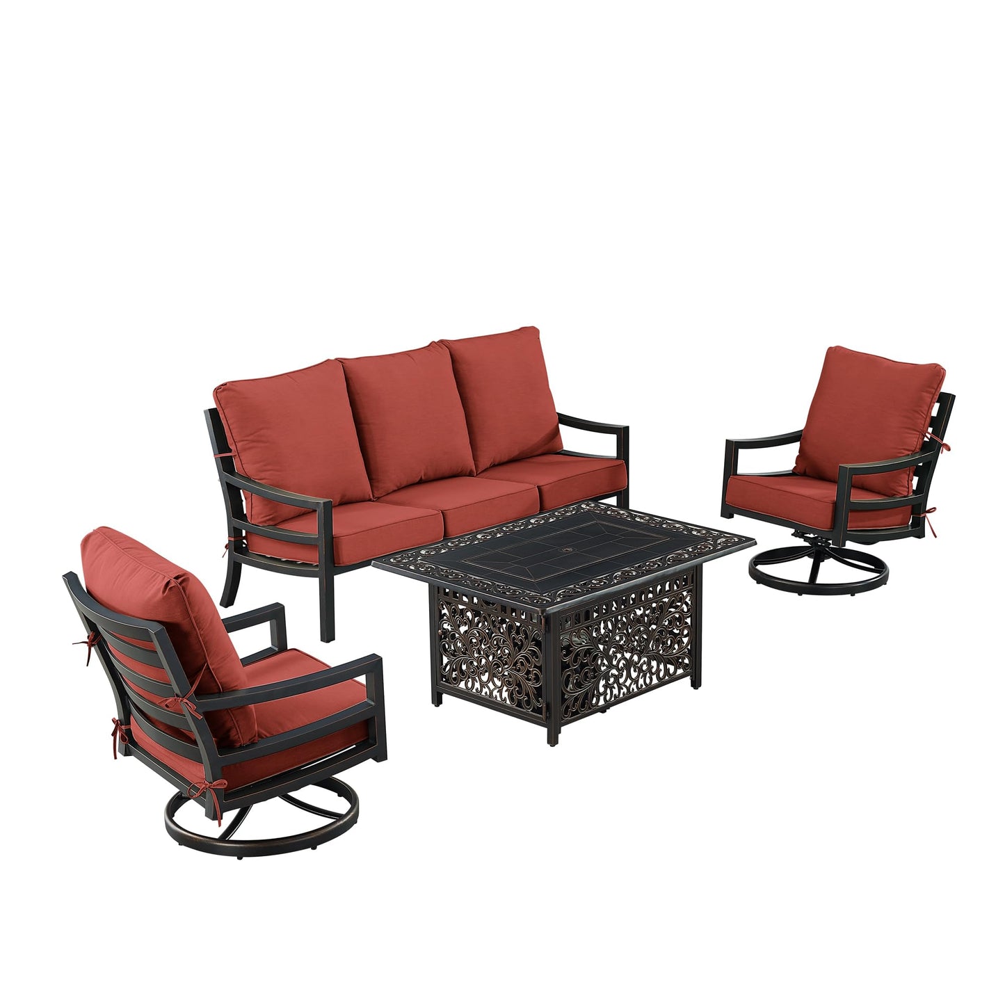 Oakland Living Black Aluminum Patio Fire Table Set with Deep Seating Sofa with Cushions and Two Club Chairs with Red Cushions