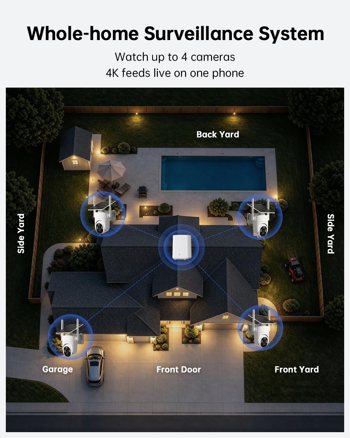 ELYSOO 4K Security Cameras Wireless Outdoor, No Subscription, Solar Camera for Home Security System, Encrypted Local Storage, 360° PTZ with Auto Tracking, Color Night Vision, 4-Cam Kit
