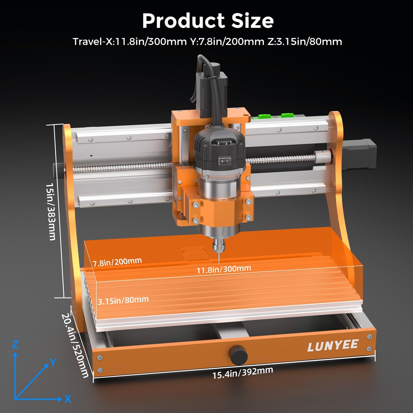 LUNYEE 3020 Nova CNC Router Machine, All-Metal XYZ Axis Linear Guides and Ball screw with 800W Trimmer Router, Suitable for Cutting Aluminum, Brass, Wood, Acrylic, MDF, and Plastics