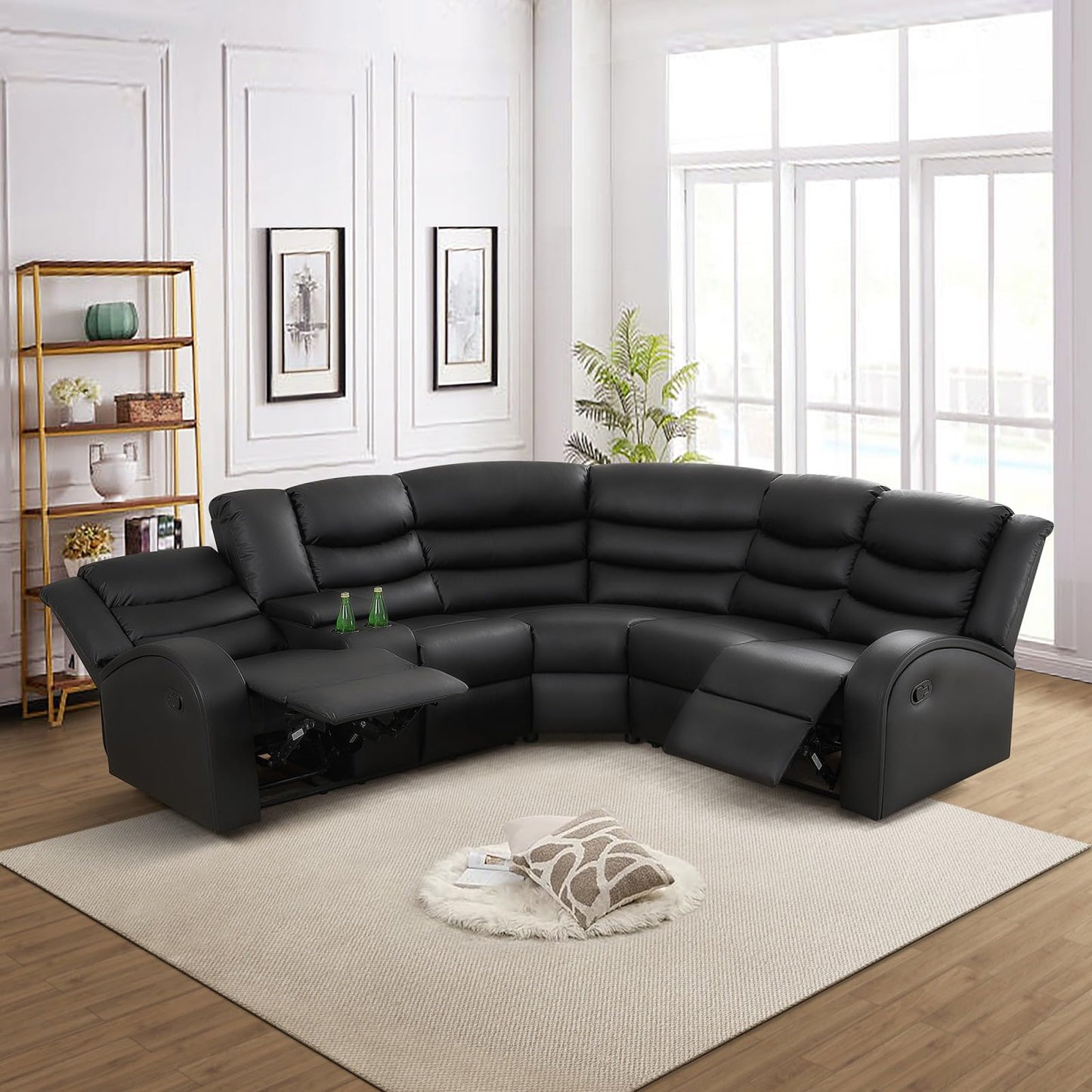 UOCFYK Recliner Sectional Sofa Set, L-Shaped Reclining Couch with 2 Recliner Seats, Reclining Corner Couches with Cup Holder and Storage Console for Home Theater & Living Room, Black