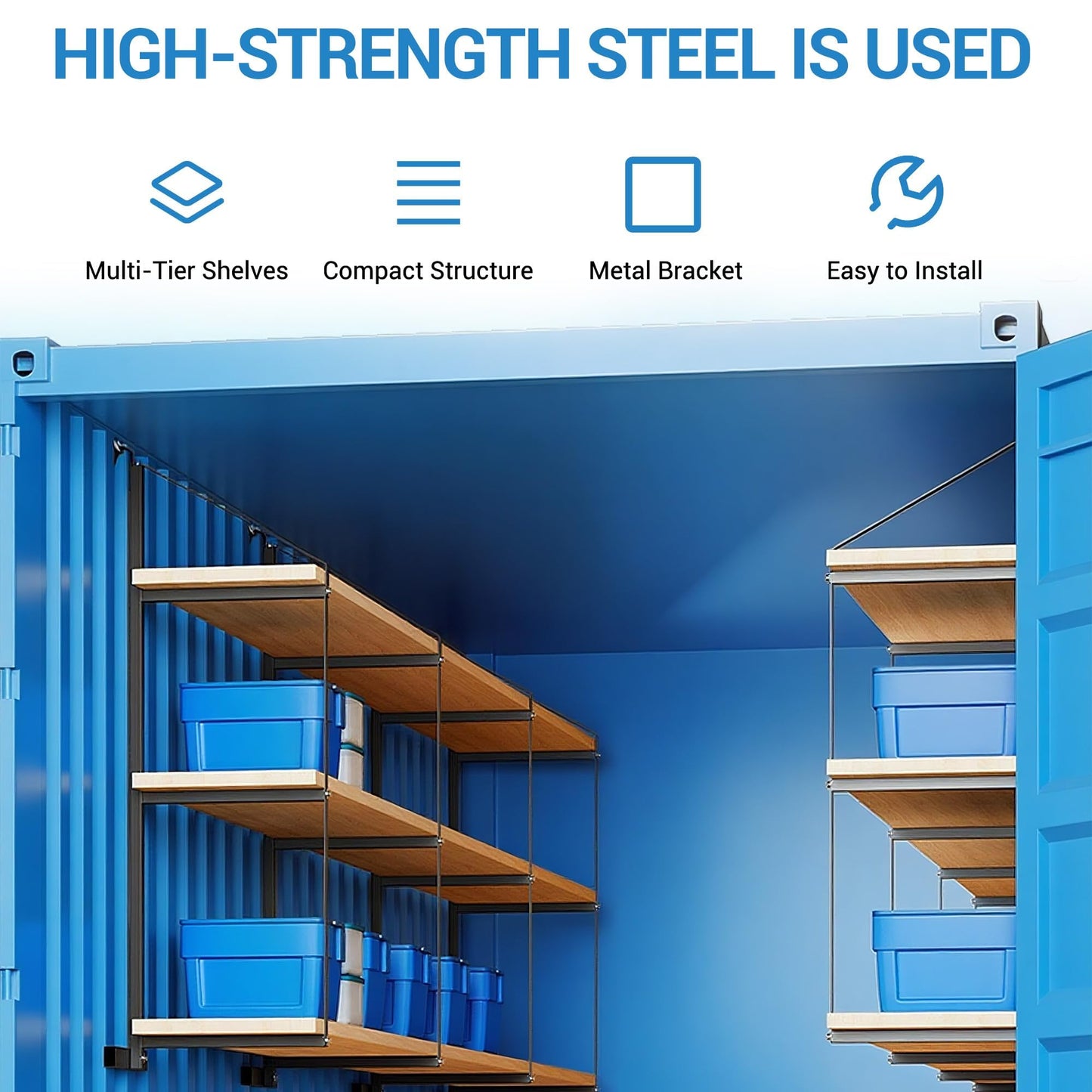 4 PCs Shipping Container Shelving Bracket, 22" D x 60" H, 3-Tier Powder Coated Steel Shelf Brackets, 1100 LBS Capacity, Quick Hang D Hook, for Cargo Storage, Warehouse, Garage, Heavy Duty