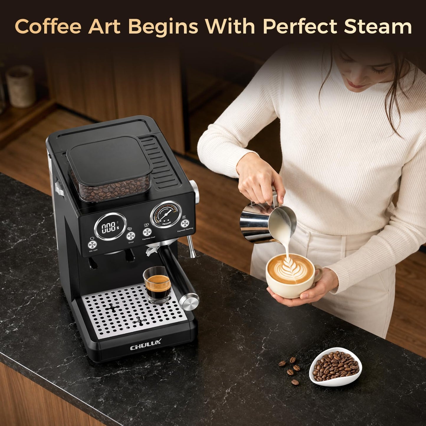CHULUX Nero Espresso Machine with Built-in Conical Burr Grinder, 4-in-1 20 Bar Espresso Coffee Maker for Cappuccino, Latte, Hot & Iced Espresso and Hot Water, Mystic Black