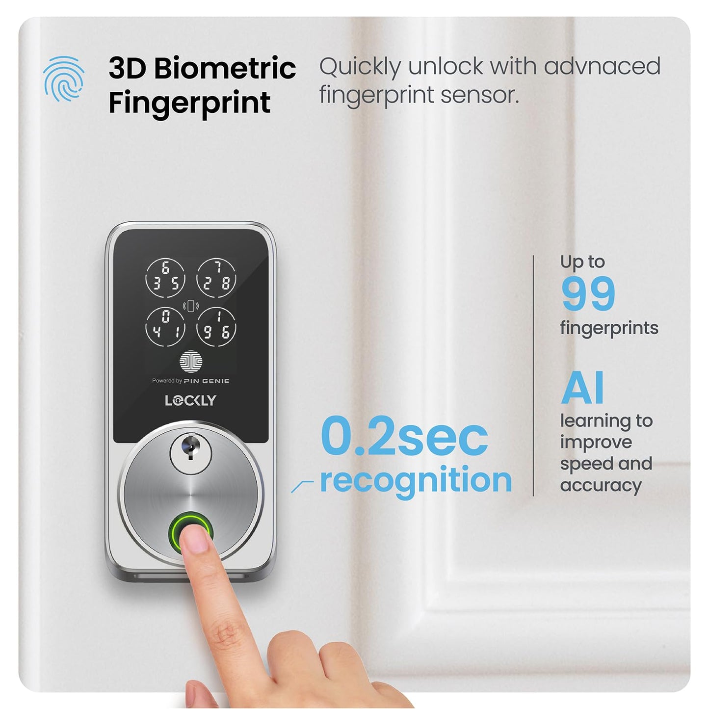 Lockly Secure Pro Smart Door Lock,Fingerprint Keyless Entry Door Lock,Apple Home Key Compatible,Auto Lock, App Remote Control,IP65 Waterproof,Easy Installation