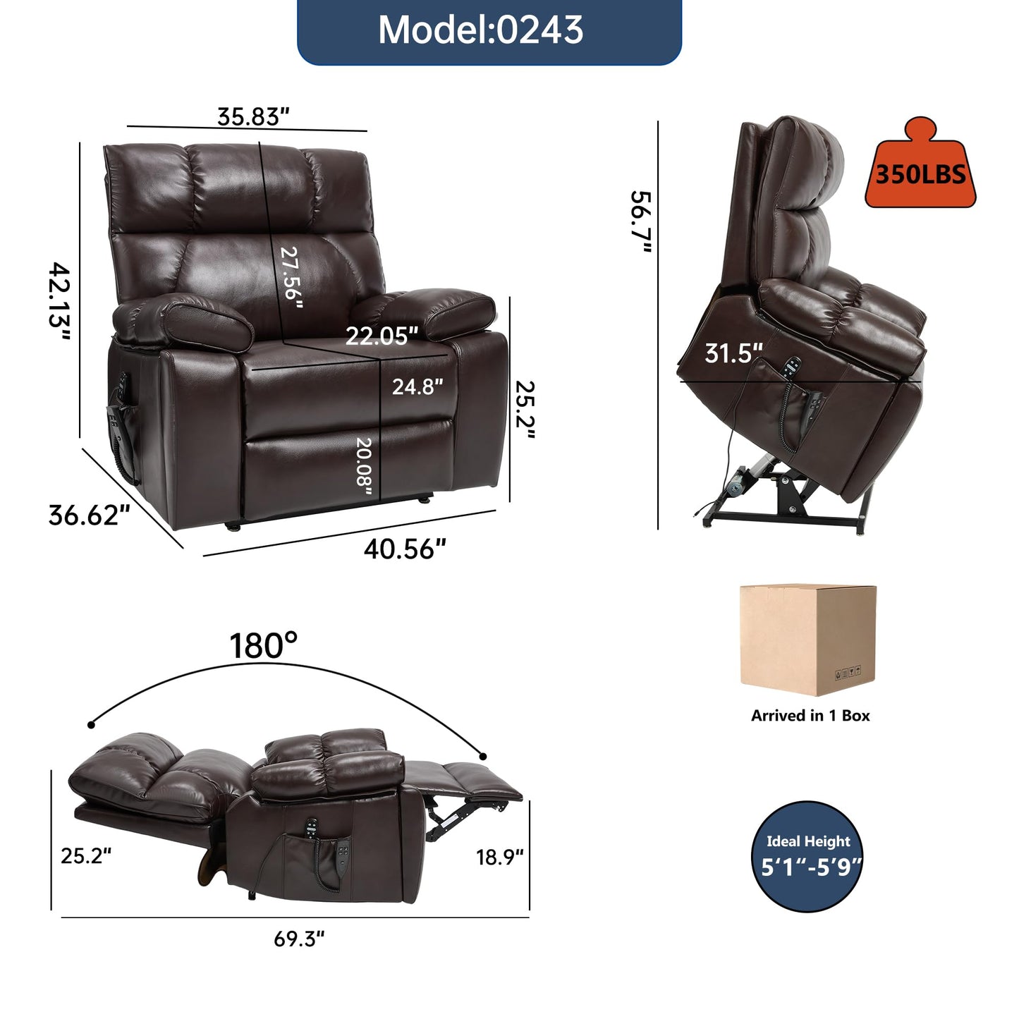 KEIKI Leatheraire Oversized Electric Power Lift Recliner Chair with Heat & Massage, Dual Motor, Infinite Positions, Hidden Cup Holders, Medium-Firm, Heavy Duty Up to 350 lbs, Dark Brown