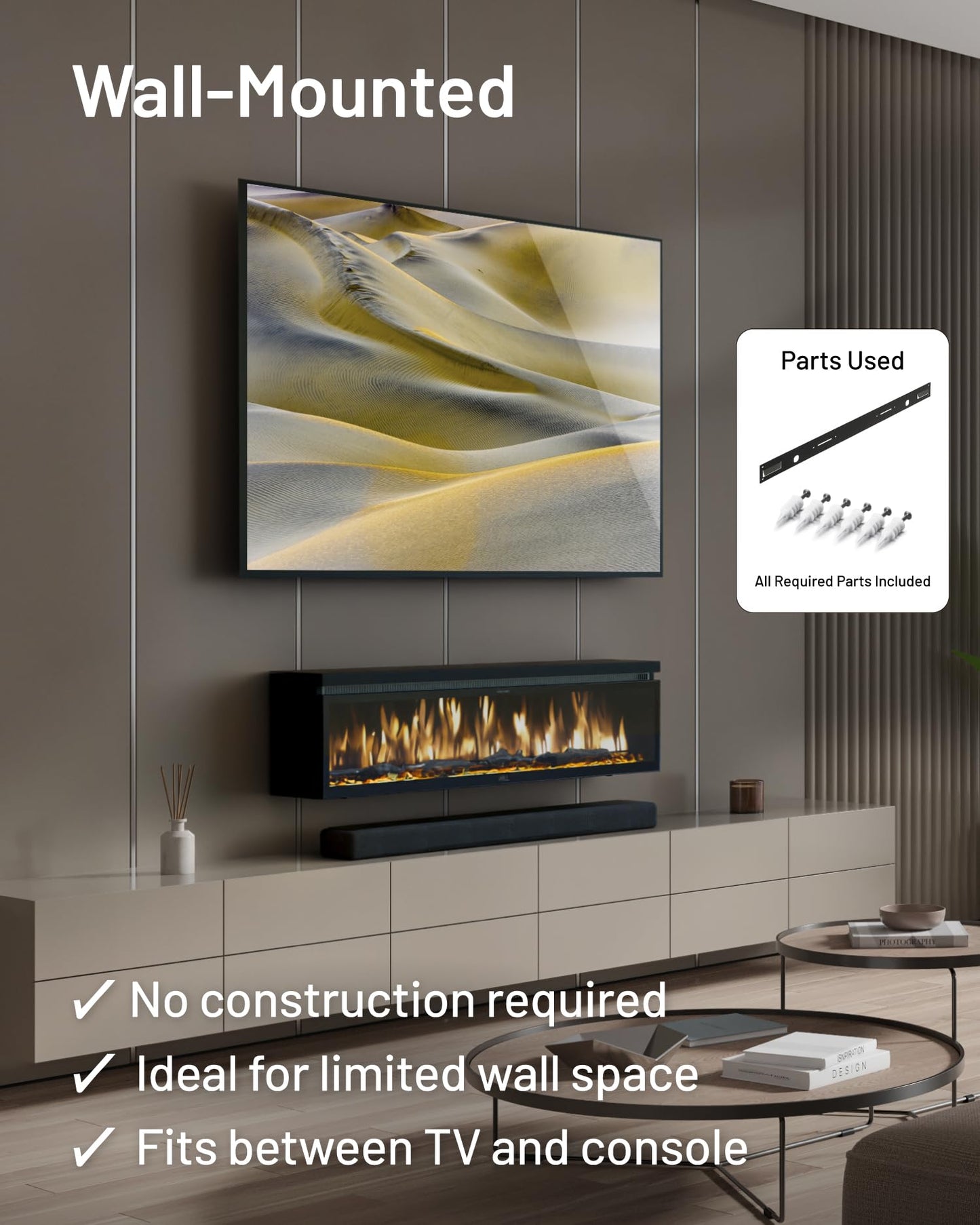WALL FLAMEBAR Electric Fireplace Freestanding, Wall Mounted, Moves with TV Stand – WiFi Enabled,750/1500W Heater, 1500 Flame Color Combinations, for Living Room or Bedroom, Modern 40" Wide