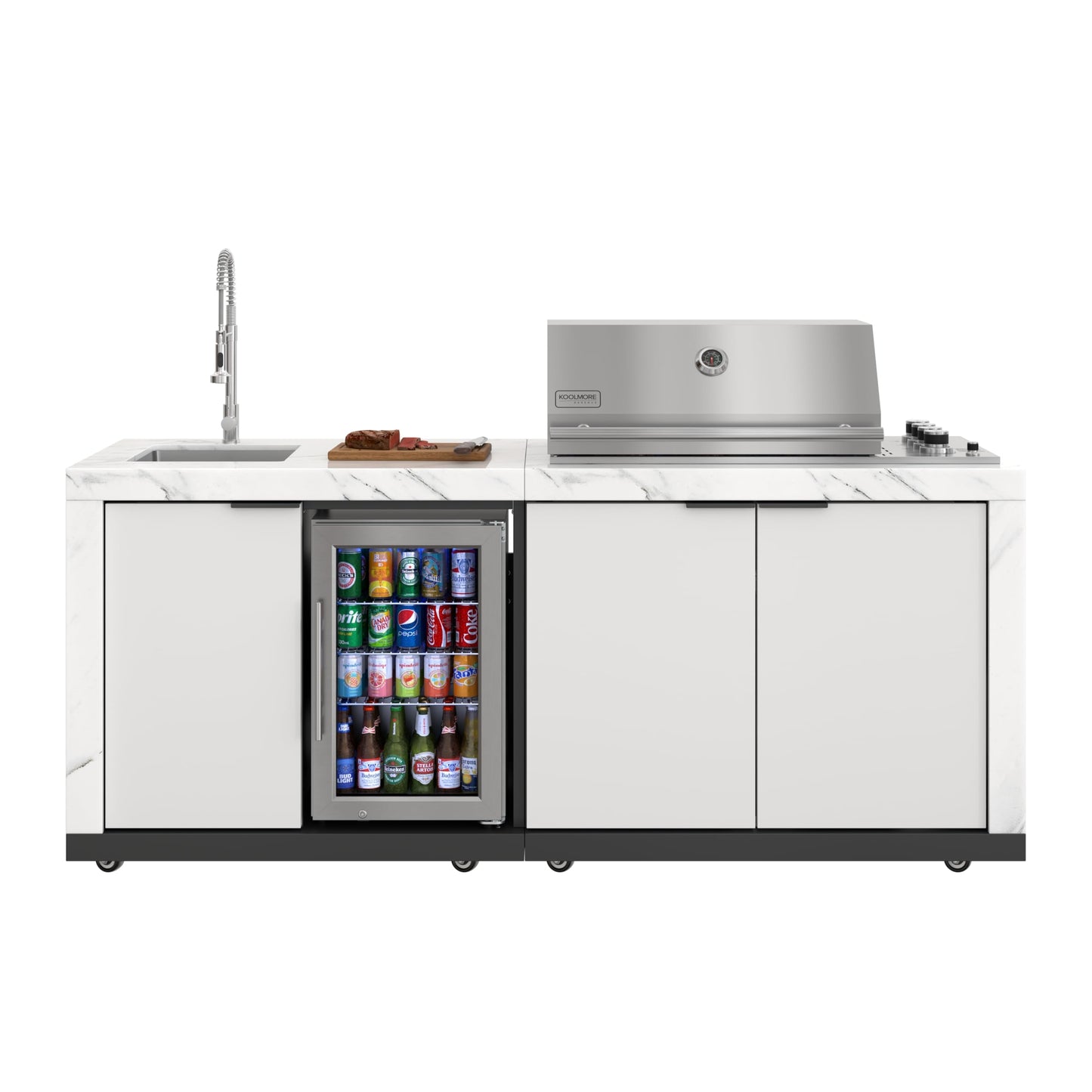 KoolMore Reserve 83 in. Outdoor Kitchen Suite with White Stone Counters and Sides, 4-Burner Grill, Stainless Steel Sink and Faucet