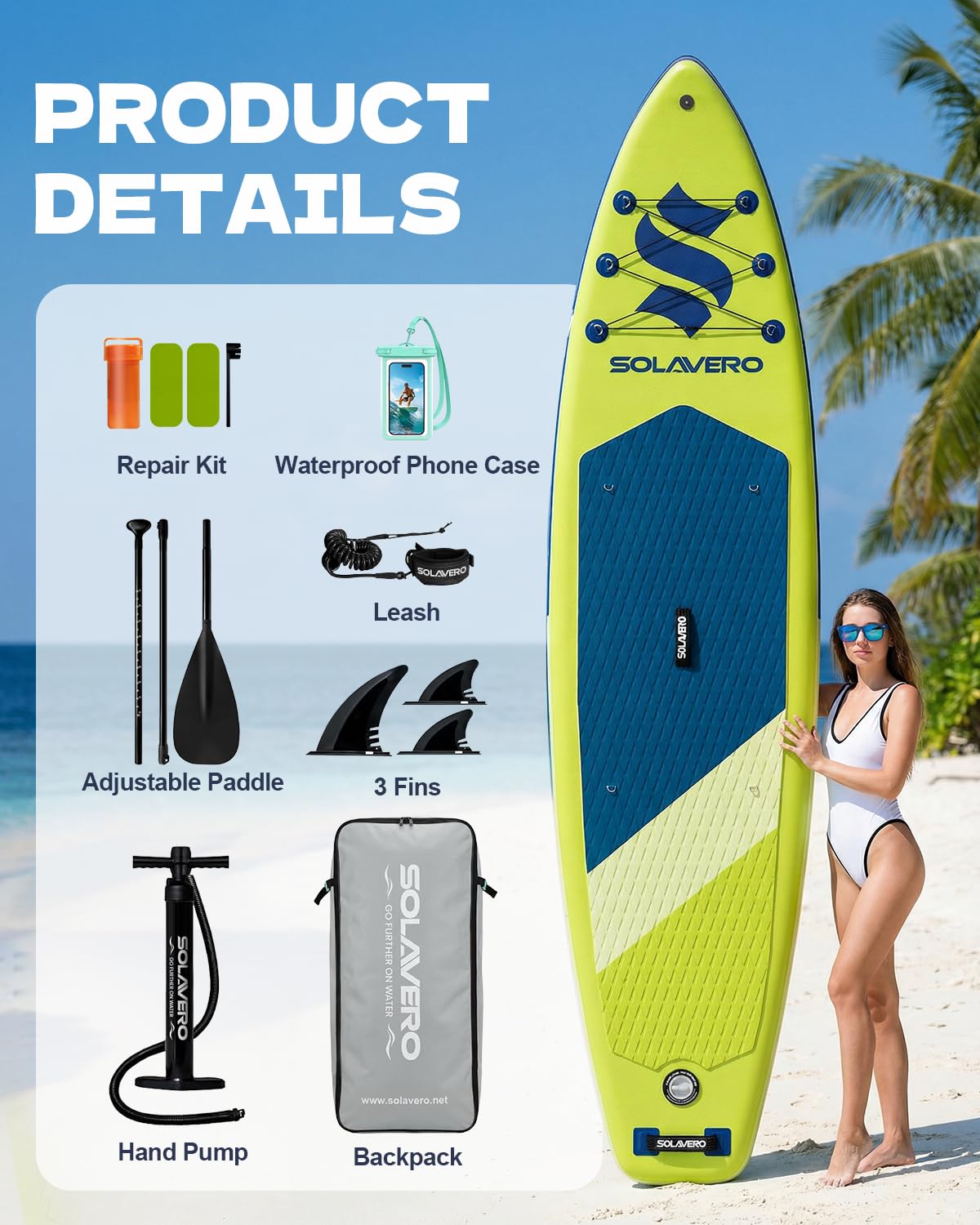 SOLAVERO 10'6" Inflatable Stand Up Paddle Board with Premium SUP Accessories, Anti-Slip EVA Deck for Adults of All Skill Levels, Paddleboard for Fishing, Yoga & Sunbathing
