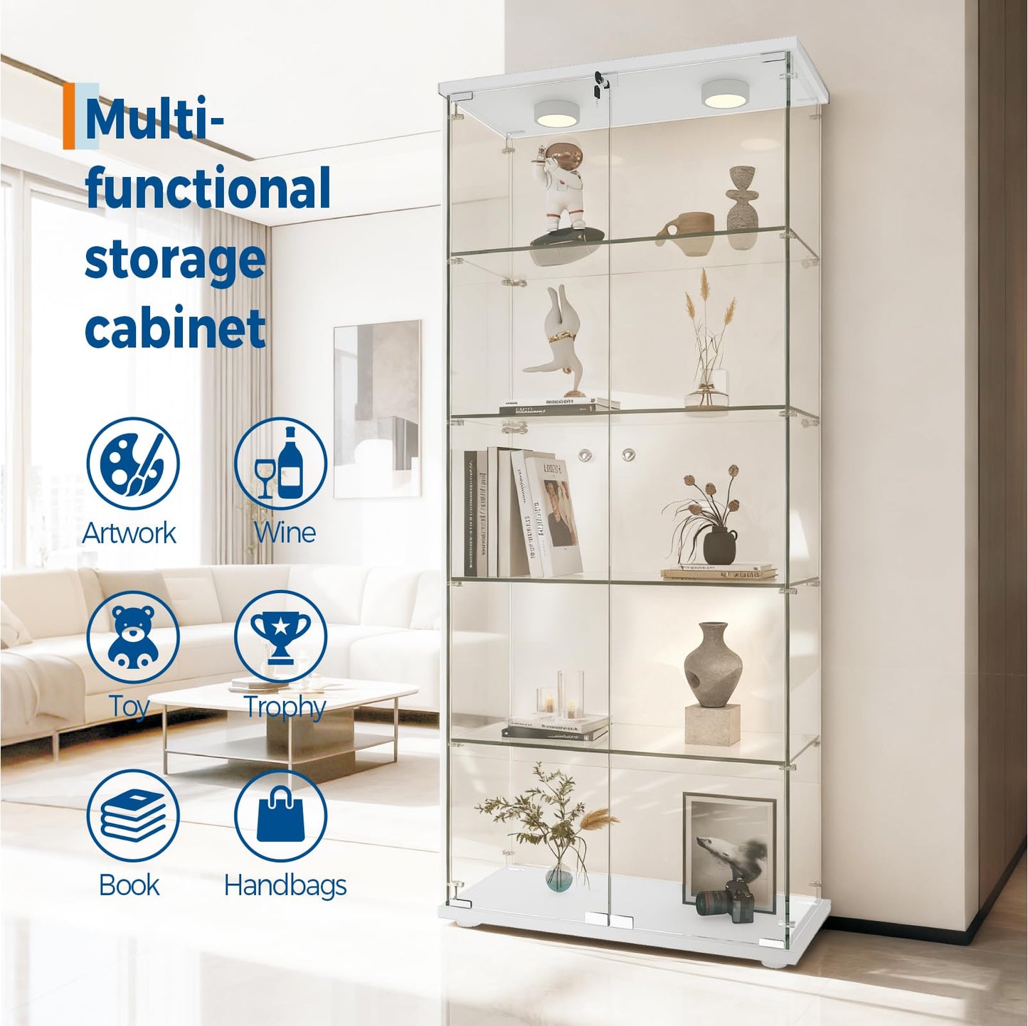 Garvee Glass Display Cabinet with LED Light, Tempered Glass Curio Collection Display Showcase with 5 Shelves and Lock, 2 Door Curio Cabinets for Living Room Bedroom Office, White