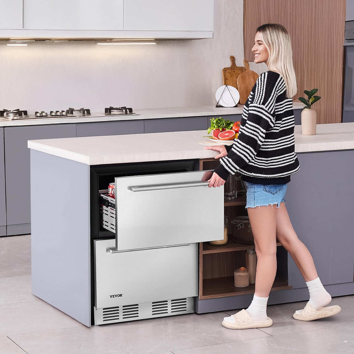 VEVOR 24 Inch Under Counter Drawer Refrigerator, Stainless Steel Dual Drawer Fridge with Temperature Control, Outdoor Refrigerator with Powerful Compressor & LED Display, Fit for Home, Office, etc.