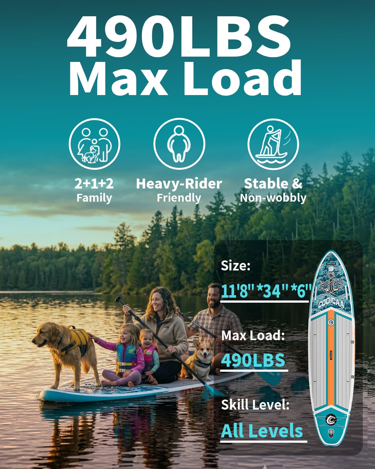 COOLCAA Dolphin Lite 11'8" Inflatable Stand-Up Paddle Board, 490Lbs Capacity SUP Board with 34'' Extra Wide, Fishing Paddleboard with Accessories & Bag for Adults Youth (Anchor Wing)