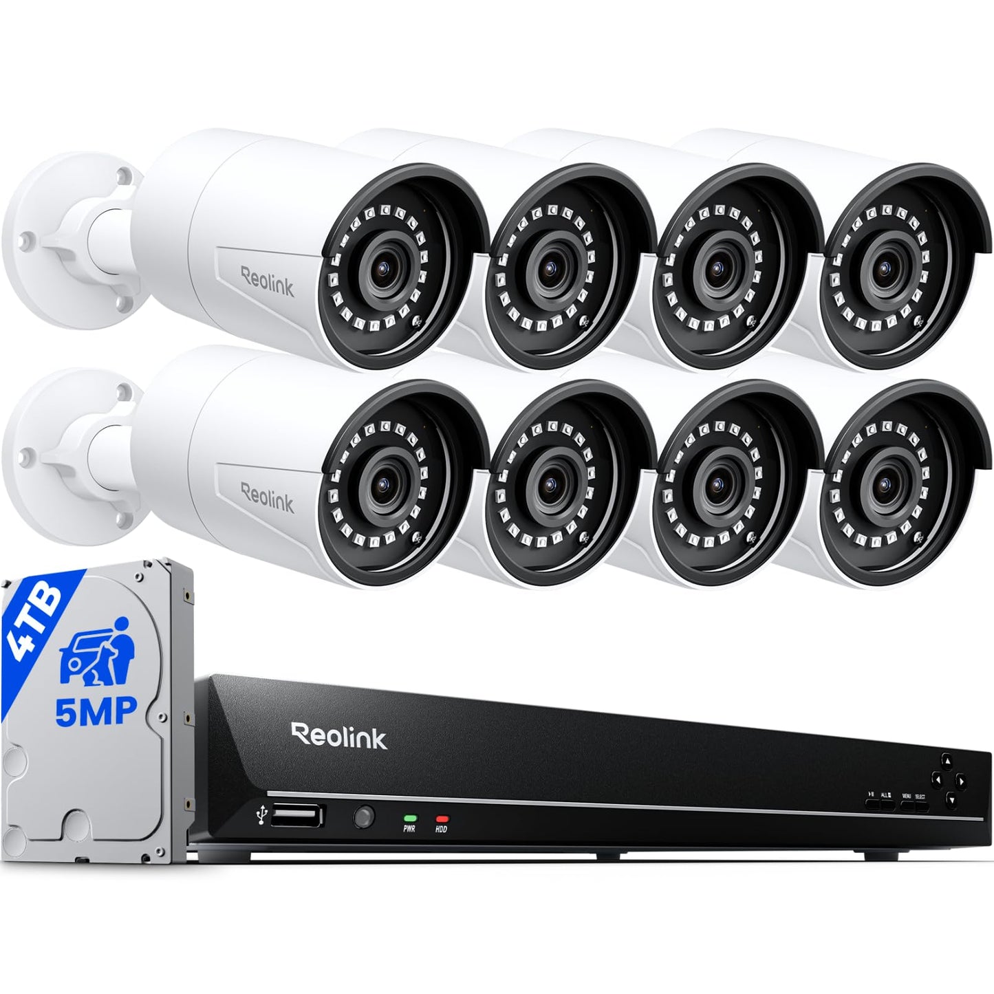 REOLINK 16CH 5MP Home Security Camera System, 8pcs Wired Outdoor PoE IP Cameras with Smart Detection, 8MP 16CH NVR with 4TB HDD for 24-7 Recording, High Bitrate & Clear Stream, RLK16-410B8-5MP