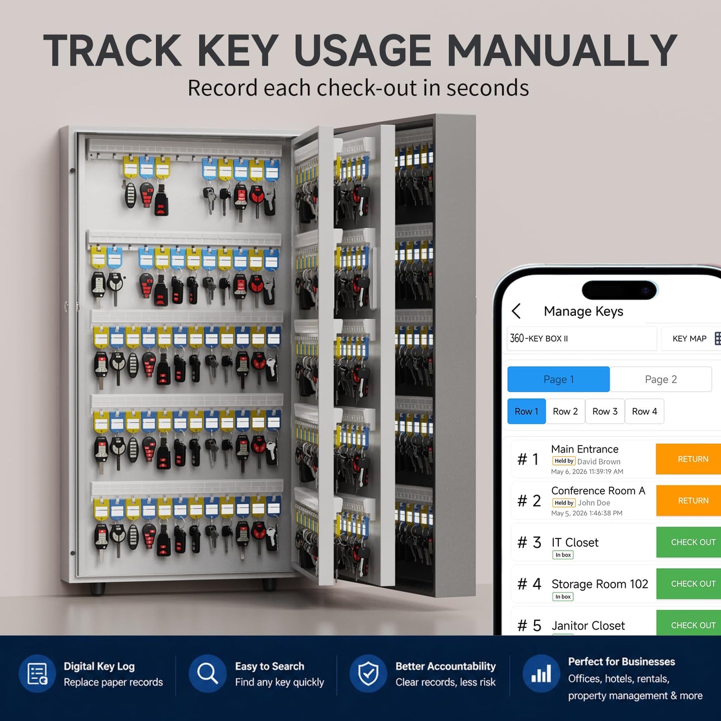WeHere 360-Key Smart Key Lock Box, Wall-Mount Key Cabinet with Key Management App(Track Key Borrow/Return), Keypad, Bluetooth & WiFi Unlock (Sold Separately) for Commercial, School, Rental, Office