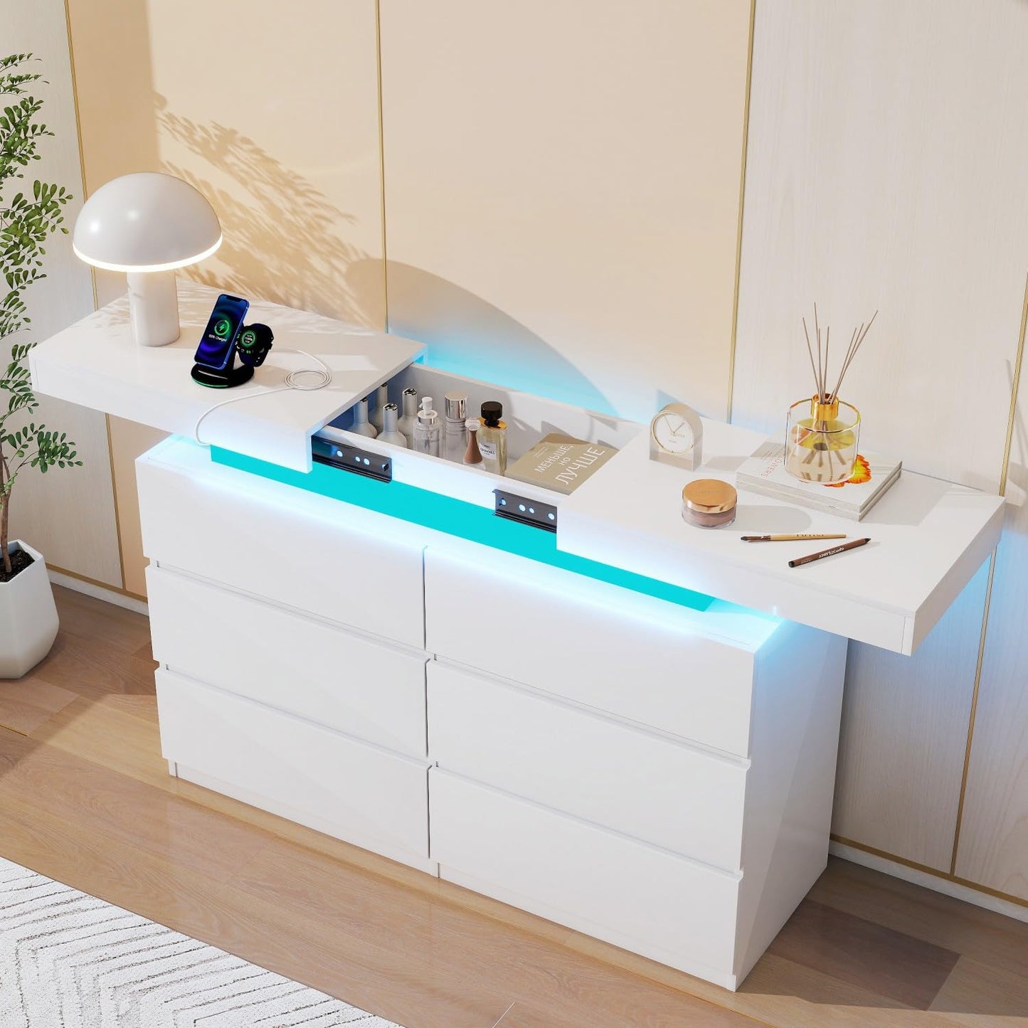 Vipbear White Dresser 6 Drawer for Bedroom with Sliding Top Modern LED Lights Double Dresser Wide Chest of Deep Drawers with Charging Station Storage Wood Cabinet for Closet,Entryway,Hallway