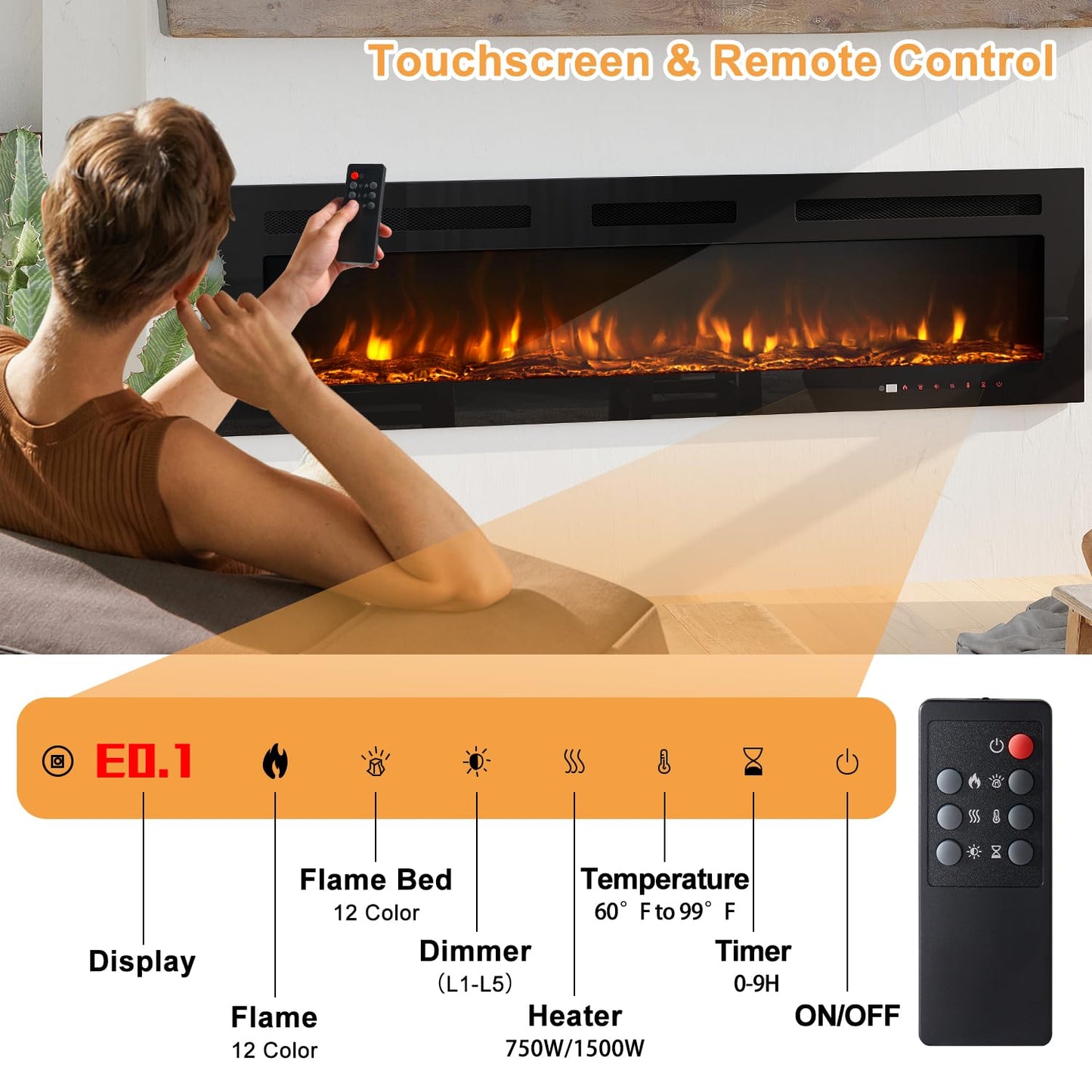 OneBlis Electric Fireplace, 60 inch Wide Recessed/Wall Mounted Electric Fireplace, Remote Control with Timer 12 Adjustable Color Flame, Remote Control, Log Set & Crystal