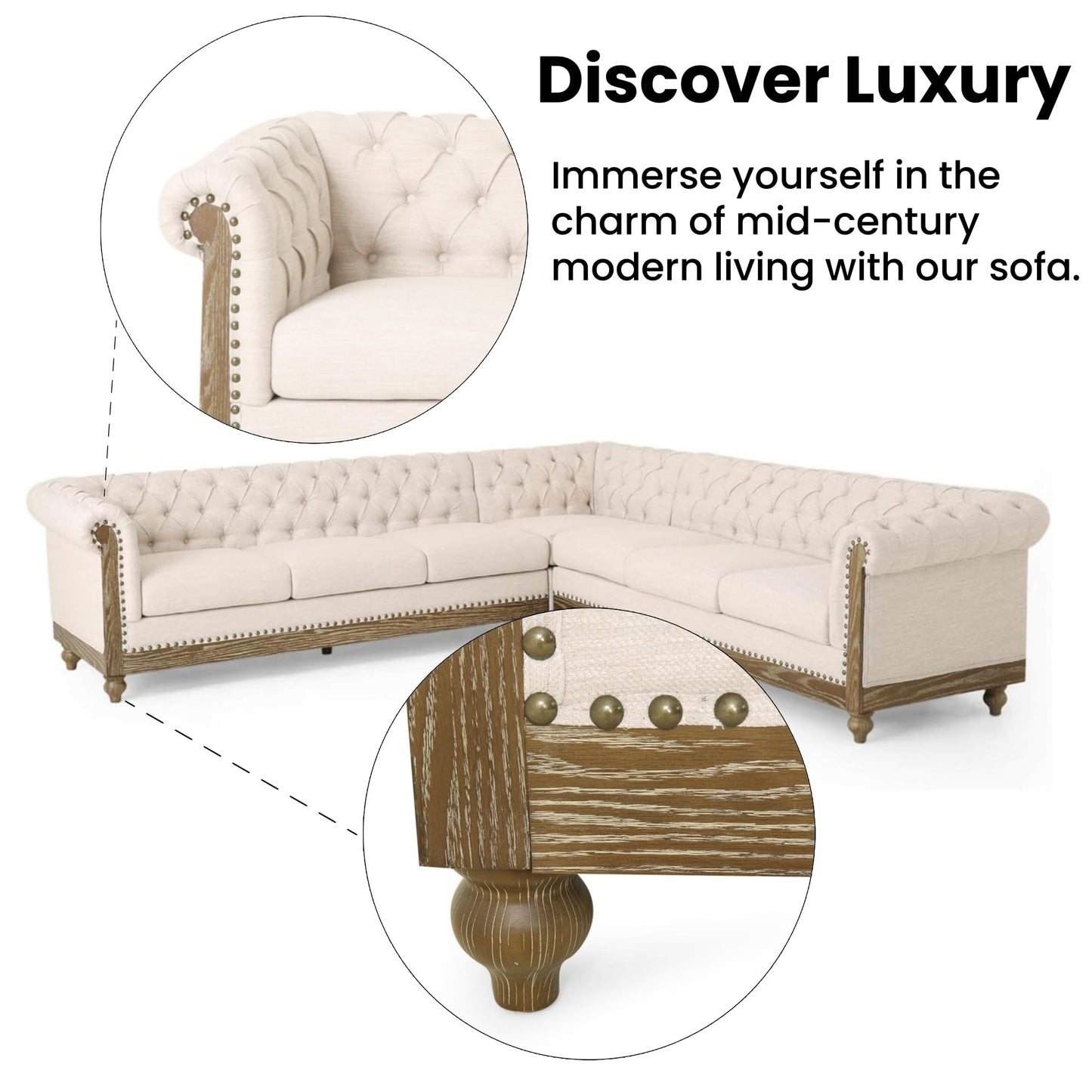 Merax Chesterfield Sofa, Retro Upholstered 6 Seater Rolled Arm Couch for Living Room Bedroom Office, Beige