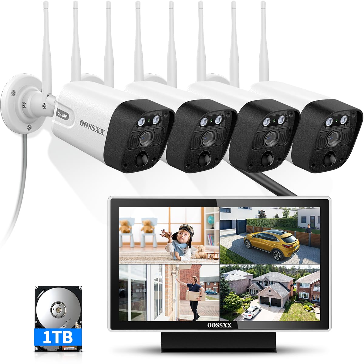 (2026 Update) 5MP Wireless Security Camera System with 10" Monitor, 10CH NVR & 4 WiFi Cameras, 130° Wide Angle, Dual Band 2.4/5.8GHz, 55% Longer Range, 2-Way Audio, 1TB HDD, IP66, No Monthly Fee