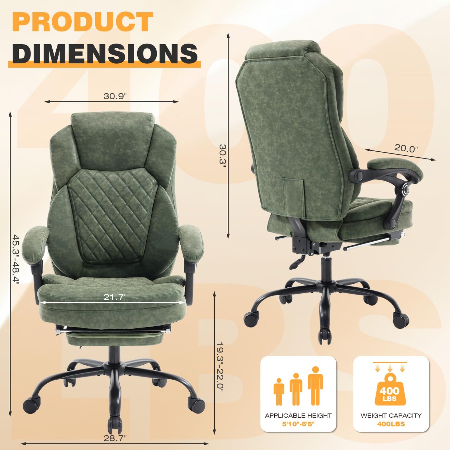 linting 400lbs Ergonomic Reclining Office Chair with Footrest, Plus Size Big Tall Leather Recliner Office Desk Chairs with Foot Leg Rest, Green
