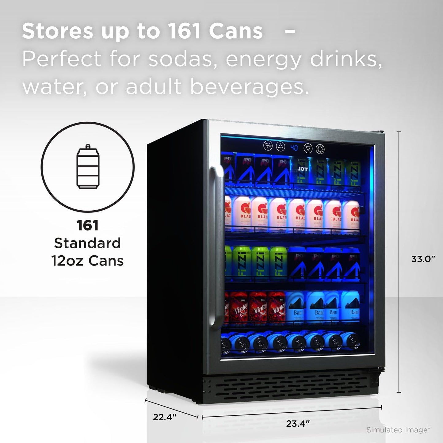 TCL 161 Can 24 In Beverage Cooler, Freestanding Mini Fridge with Glass Doors, Removable Shelves, Digital Controls & LED Lighting for Water, Soda, Energy Drinks