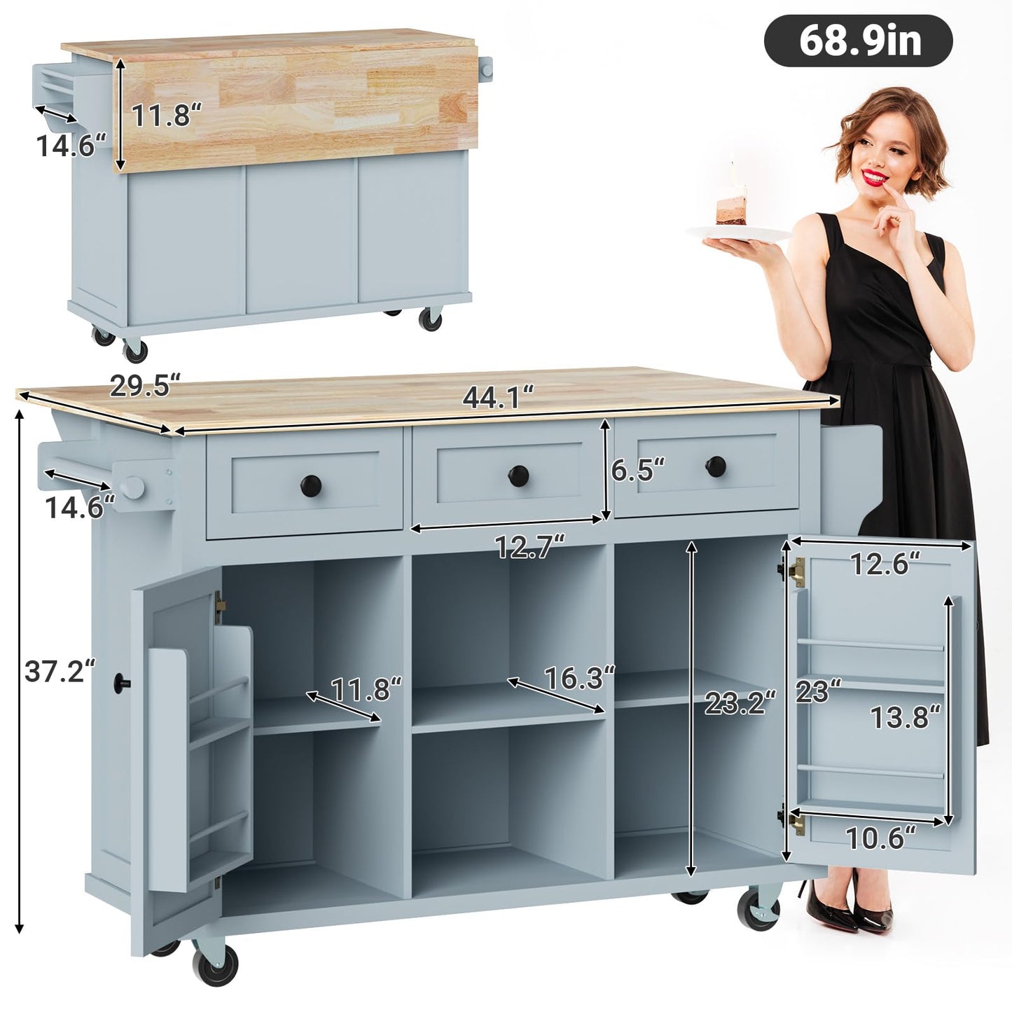 Rovibek Kitchen Island with Drawers 53 in Rolling Island Cart Mobile Portable Islands on Wheels Solid Wood Island with Storage Cabinet & Drawers, Blue