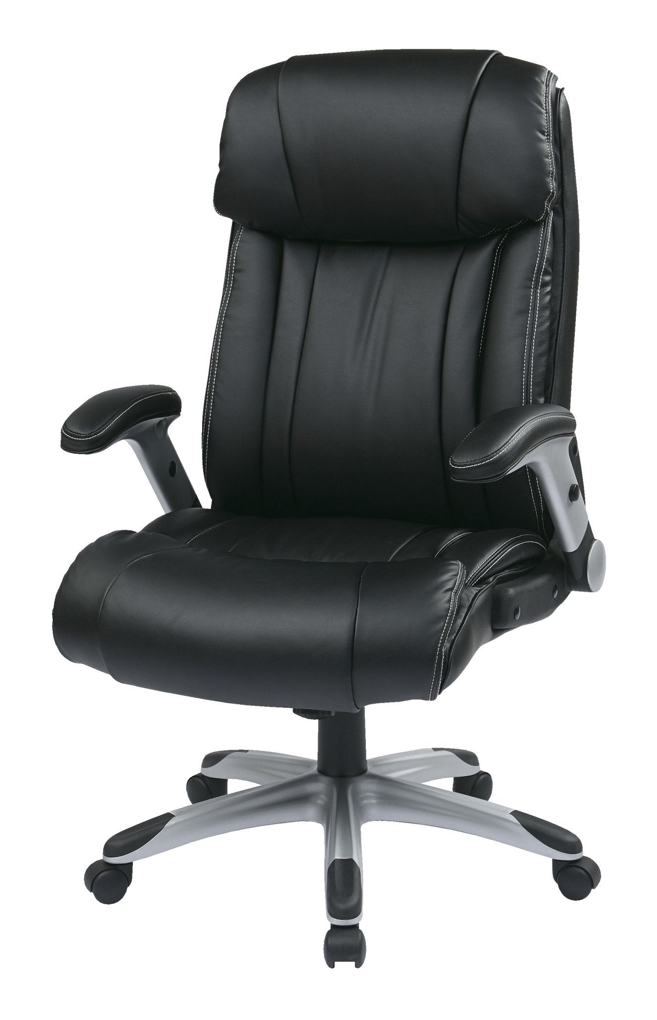 Office Star ECH Series High Back Executive Bonded Leather Office Chair with Adjustable Padded Flip Arms, Black with Silver Coated Base
