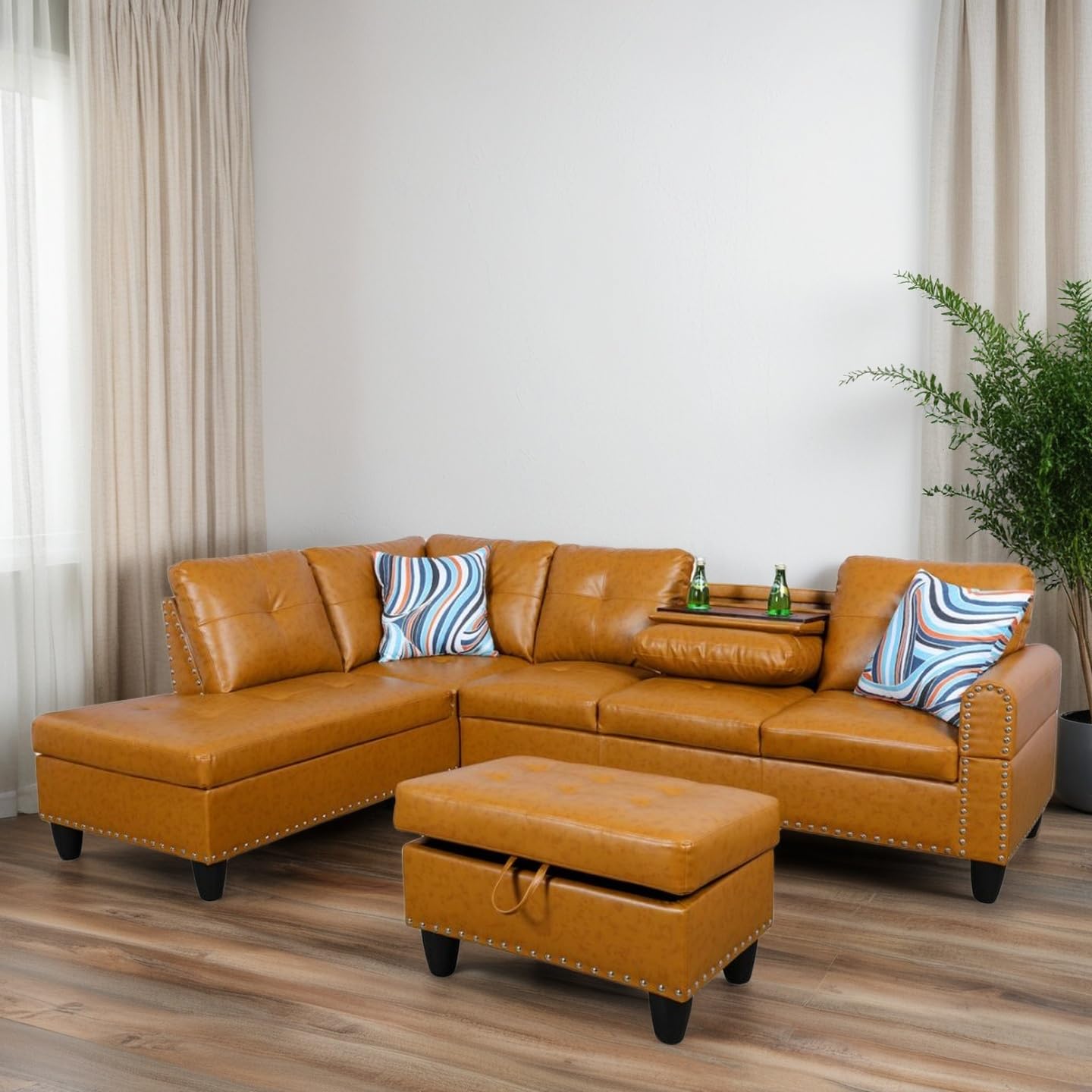 Trygoal L Shaped Couches for Living Room, Leather Sectional Couch Living Room Furniture with Storage Ottoman, Modular Sectional Sofa with Movable Chaise for Apartment Office, Ginger