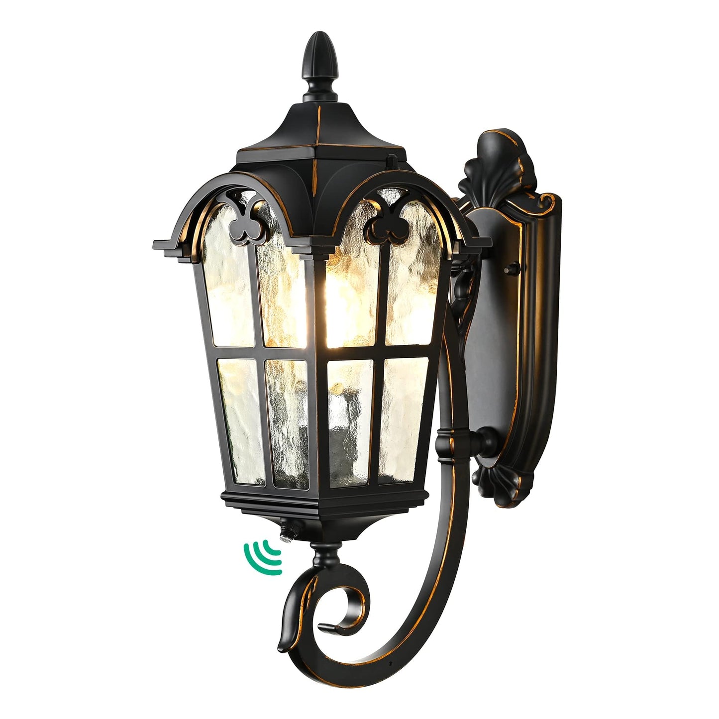 EDISHINE Dusk to Dawn Outdoor Wall Light Fixture, 17in Black Roman Lantern, Waterproof with Water Ripple Glass, Model HOWL06G