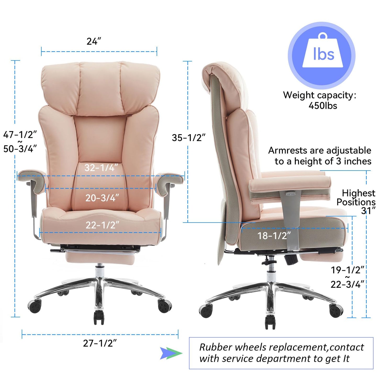 Efomao Big & Tall Pink Executive Office Chair 400lbs, Extra Wide 23.2" PU Leather Desk Chair for Women with Footrest, Pocket Spring & Adjustable Arms for Home Office