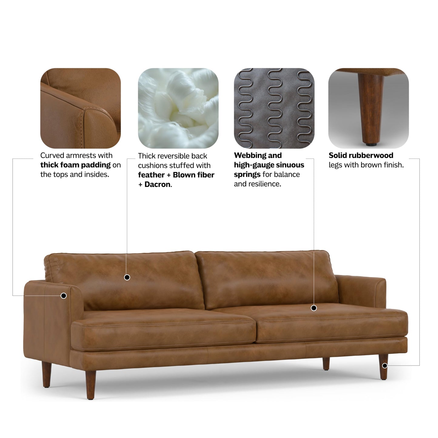 SIMPLIHOME Livingston Sofa - 90 inch Wide Top Grain Genuine Leather Sofa in Caramel Brown, Mid-Century Modern 3-Seater Couch for Living Room with Feather-Wrapped Cushions and Solid Wood Frame