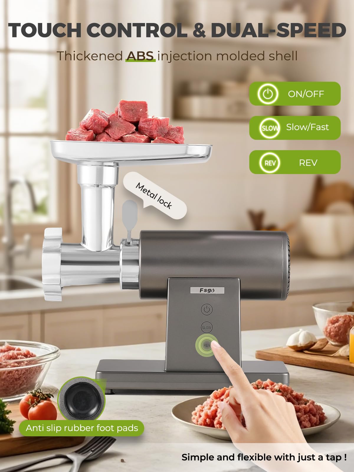 Flyseago Meat Grinder Electric 3200W Heavy Duty Meat Grinders Chopper Machine Touch Control Multifunctional with Cutting Blade 3 Grinding Plates 3 Sausage Stuffers Kubbe Kit for Household & Commercial