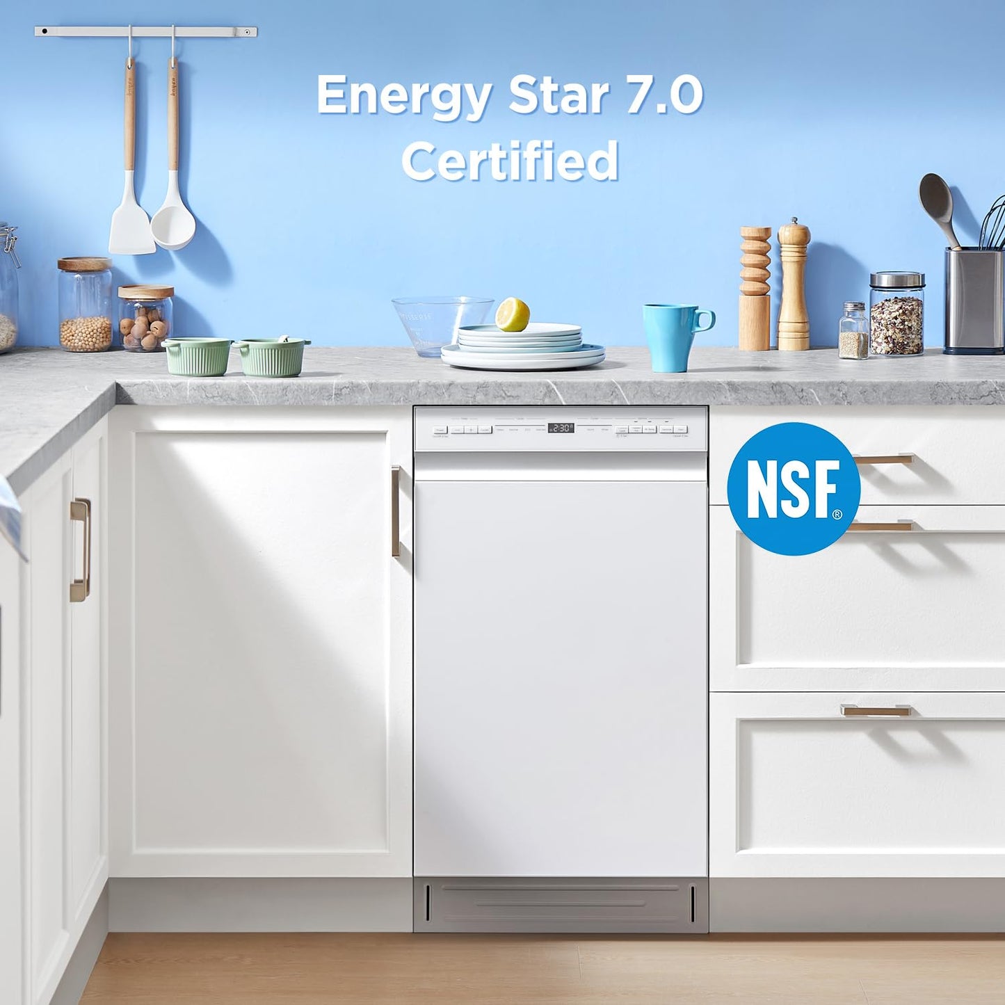 Midea 18 Inch Built-in Dishwasher, Slim Space-Saving Design with Stainless Steel Tub, 8 Place Settings & 6 Washing Programs, Energy Star Certified Dishwasher with Heated Dry & High-Temp Wash, White