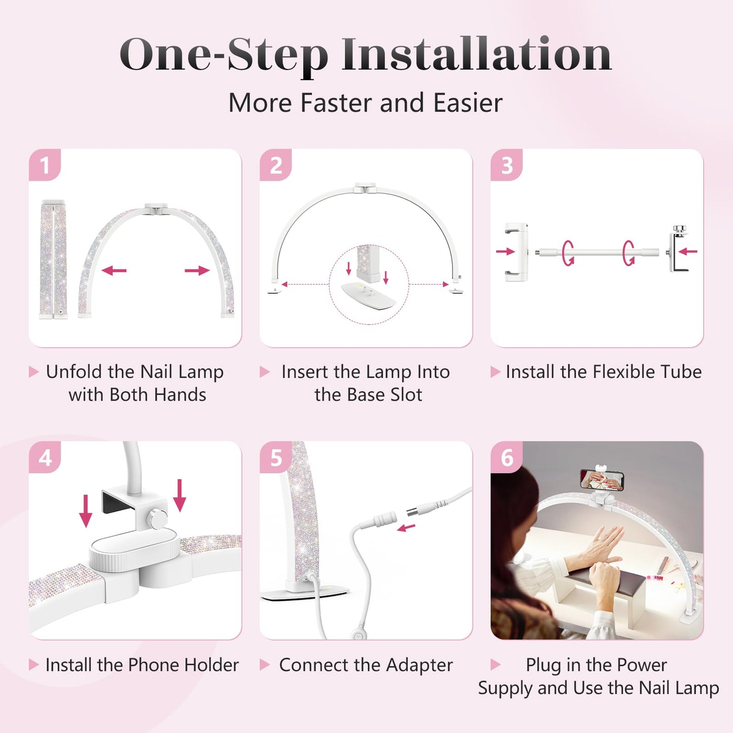 Yokilly Half Moon Desk Lamp with Phone Holder, 29in, Large, Crystal Diamond, 3 Color Modes, 10 Brightness Levels