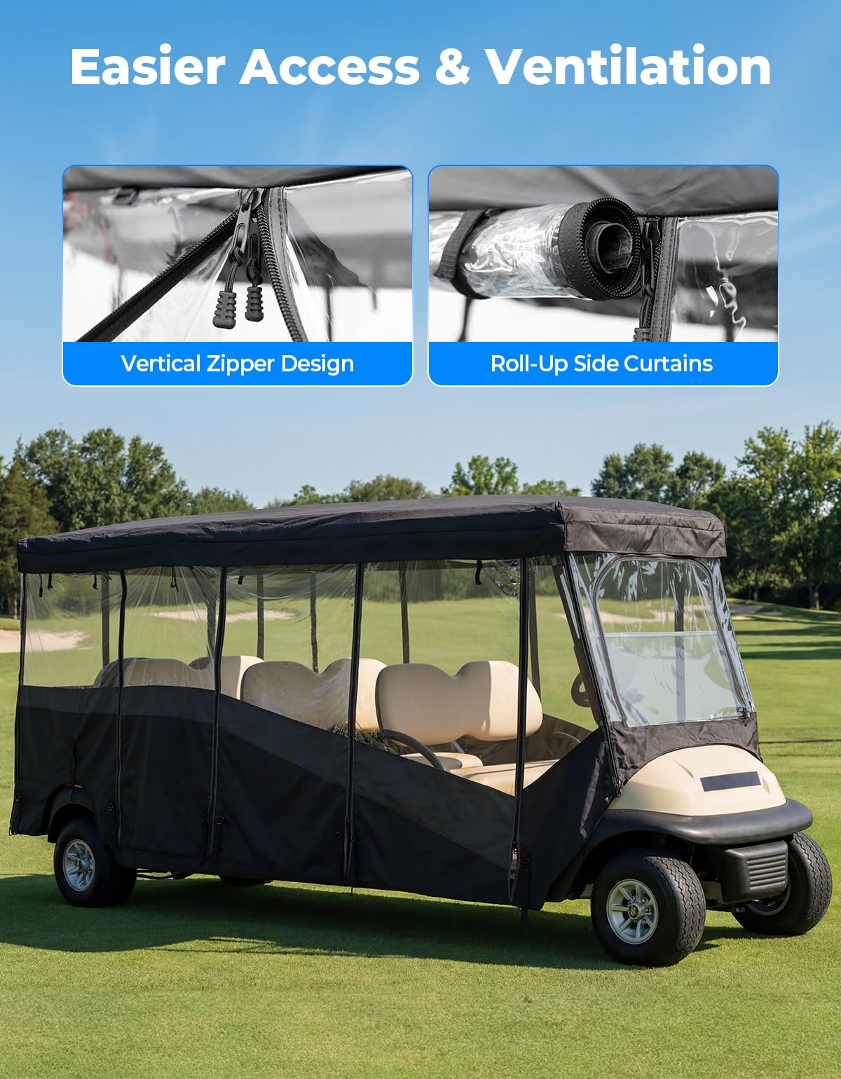 KEMIMOTO Golf Cart Enclosure 8 Seat, 600D Waterproof Golf Cart 8 Passenger Enclosure with Clear Windshield Compatible with Club Car Villager, Concierge