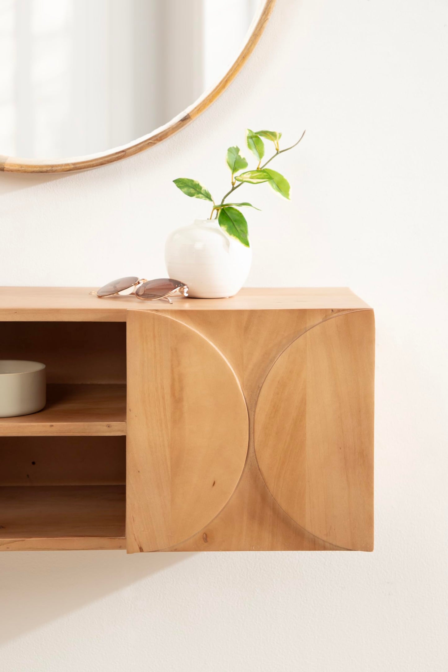 Kate and Laurel Townsend Modern Floating Media Cabinet, 36 x 12 x 12, Natural Wood, Decorative Geometric Floating Console Table with Storage for Use as Living Room Storage or Wall-Mounted Bar Cabinet
