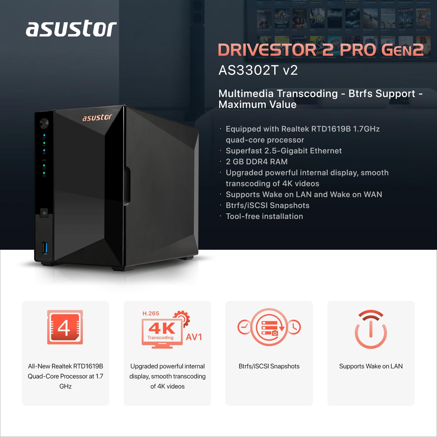 Asustor Drivestor 2 Pro Gen2 AS3302T v2, 2 Bay NAS, 1.7GHz Quad-Core, 2.5GbE Port, 2GB RAM DDR4, Small Home Media Server, Network Attached Storage Device (Diskless)
