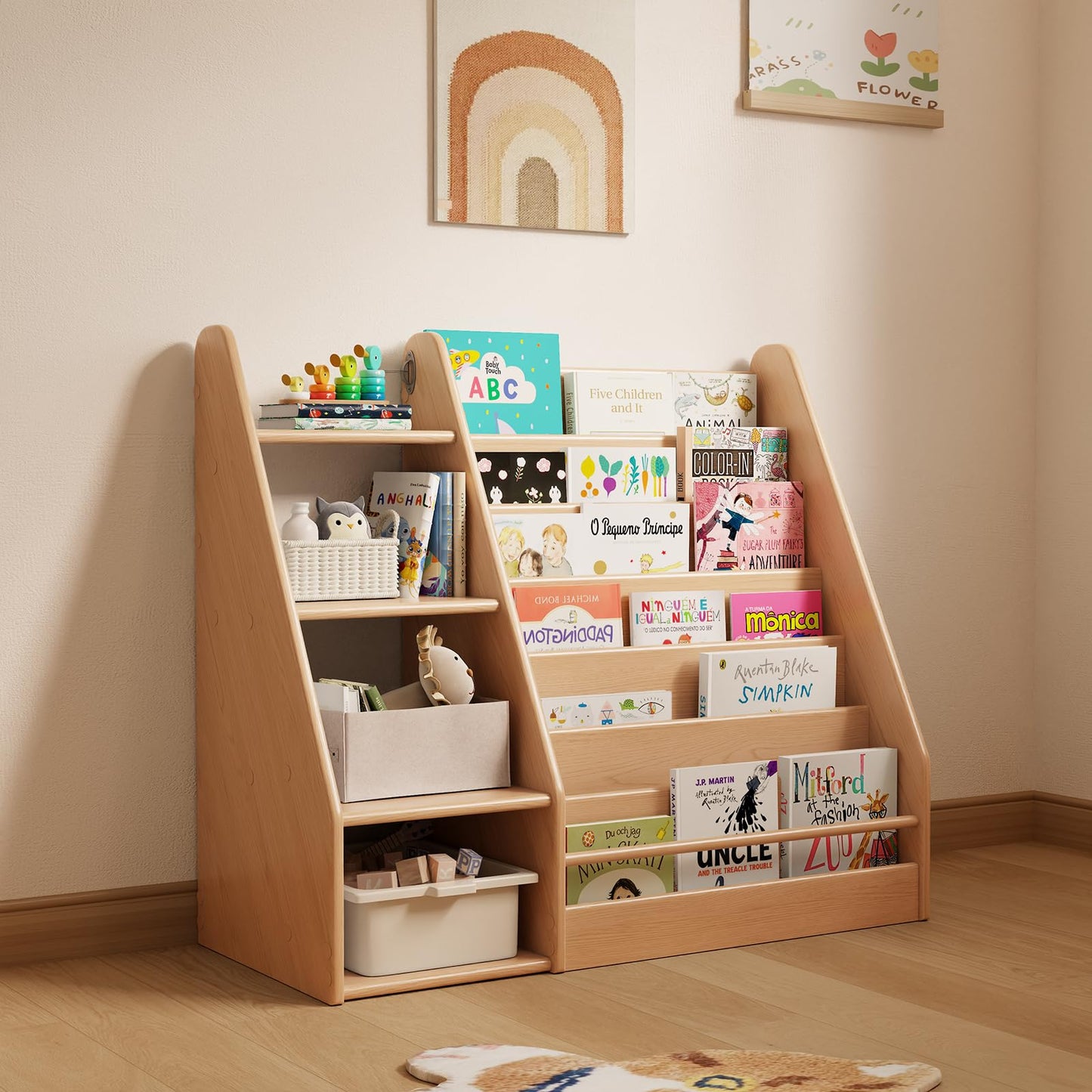DONGMUWUJEE Solid Wood Kids Bookshelf and Storage Organizer, 7 Layer Children Bookcase, Baby Toddler Wooden Book Shelf, Display Cabinet for Playroom, Bedroom, Classroom, Nursery, School, Natural