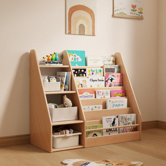DONGMUWUJEE Solid Wood Kids Bookshelf and Storage Organizer, 7 Layer Children Bookcase, Baby Toddler Wooden Book Shelf, Display Cabinet for Playroom, Bedroom, Classroom, Nursery, School, Natural