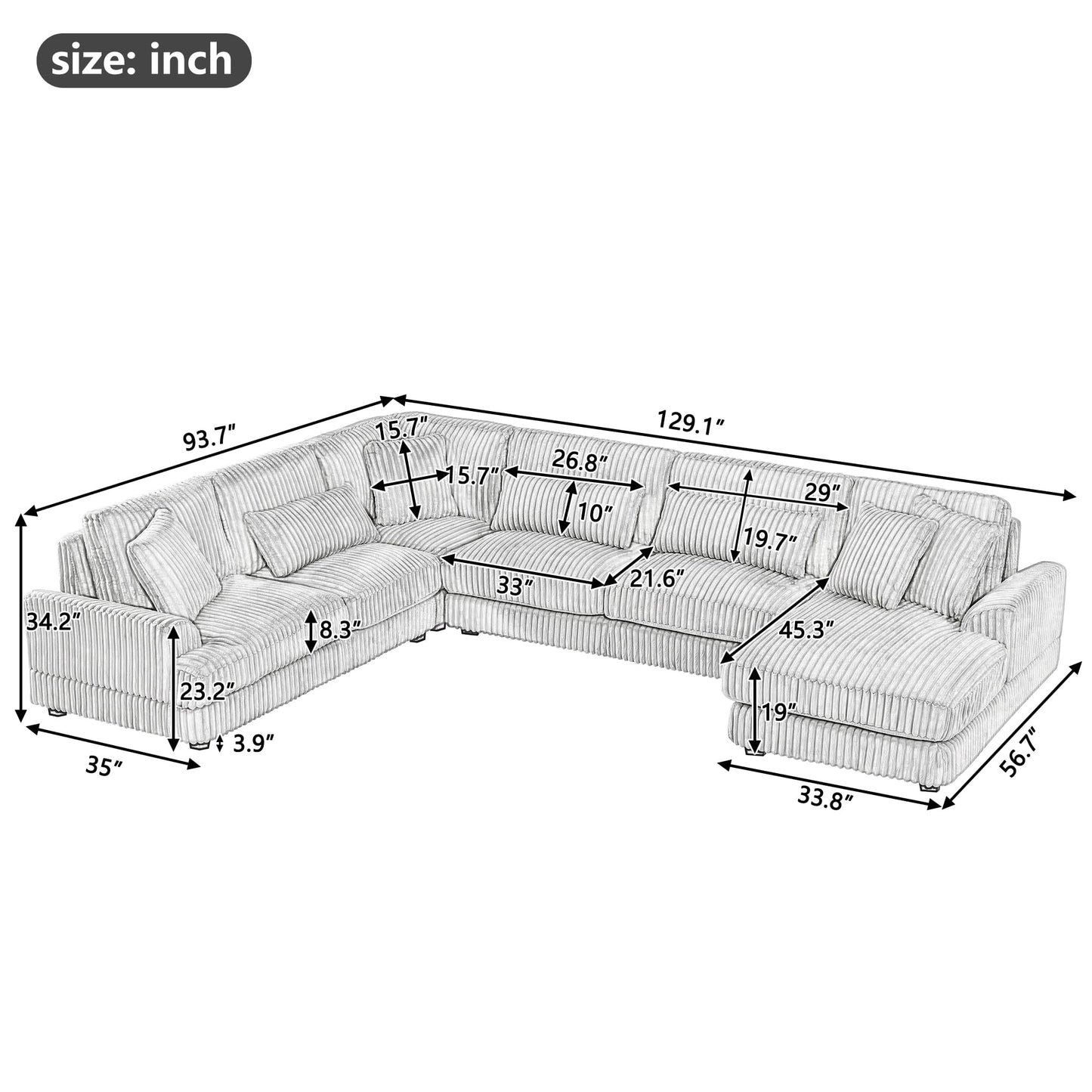 ERYE 129-Inch U-Shaped Sectional Sofa Couch W/Right Facing Chaise Lounge,Oversized Corduroy Upholstered Corner Modular Sofa Couch with 7 Toss Pillows for Living Room Sets
